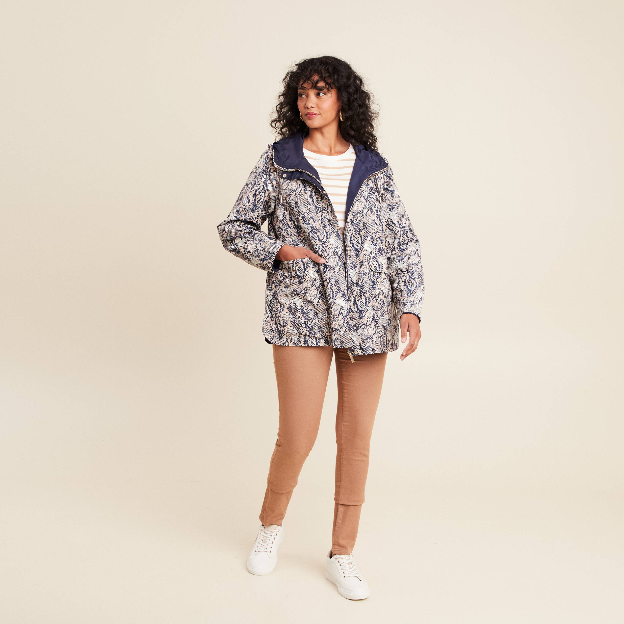 parka cintrée réversible à capuche beige femme