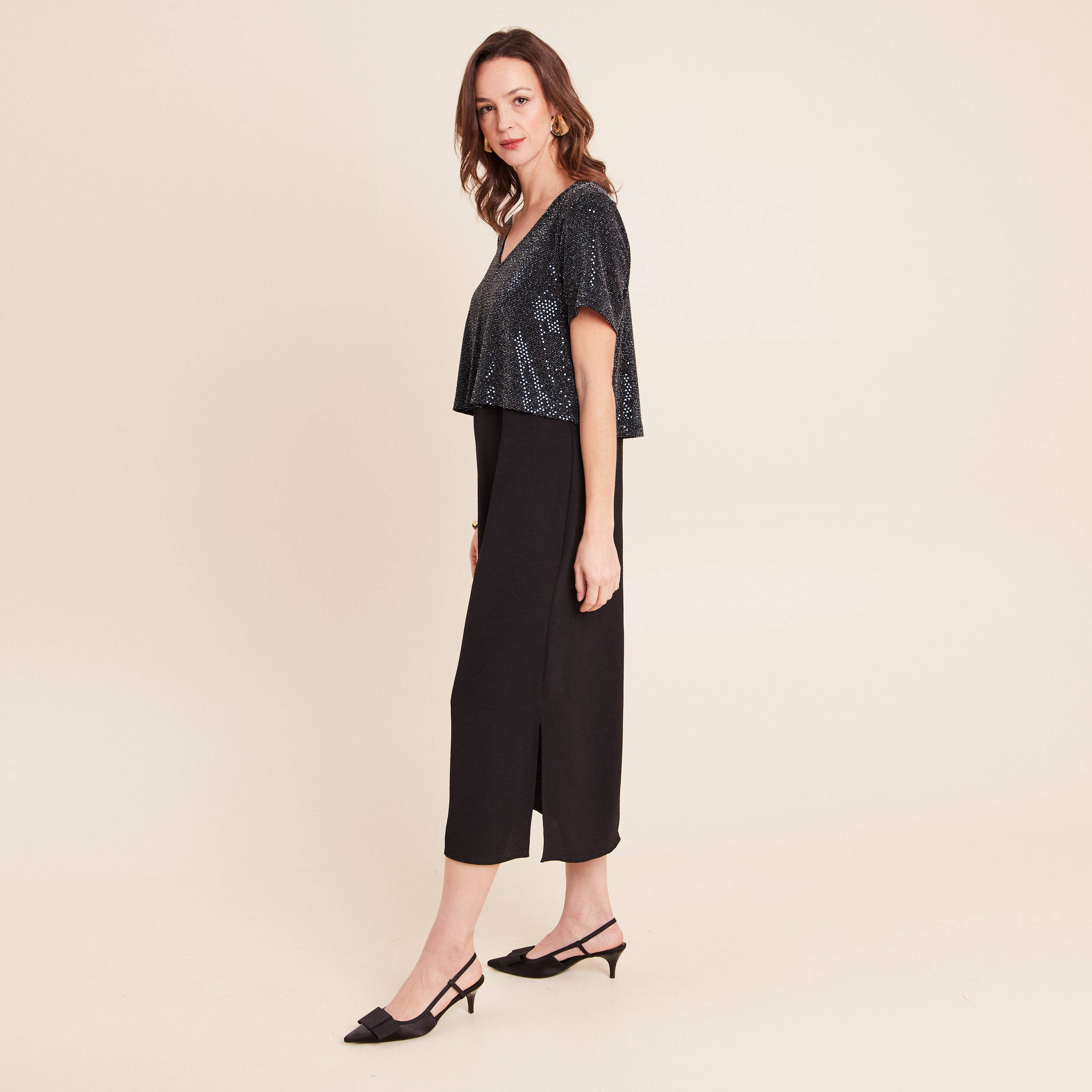 Robe longue &eacute;vas&eacute;e 2 en 1 col rond bleu marine femme