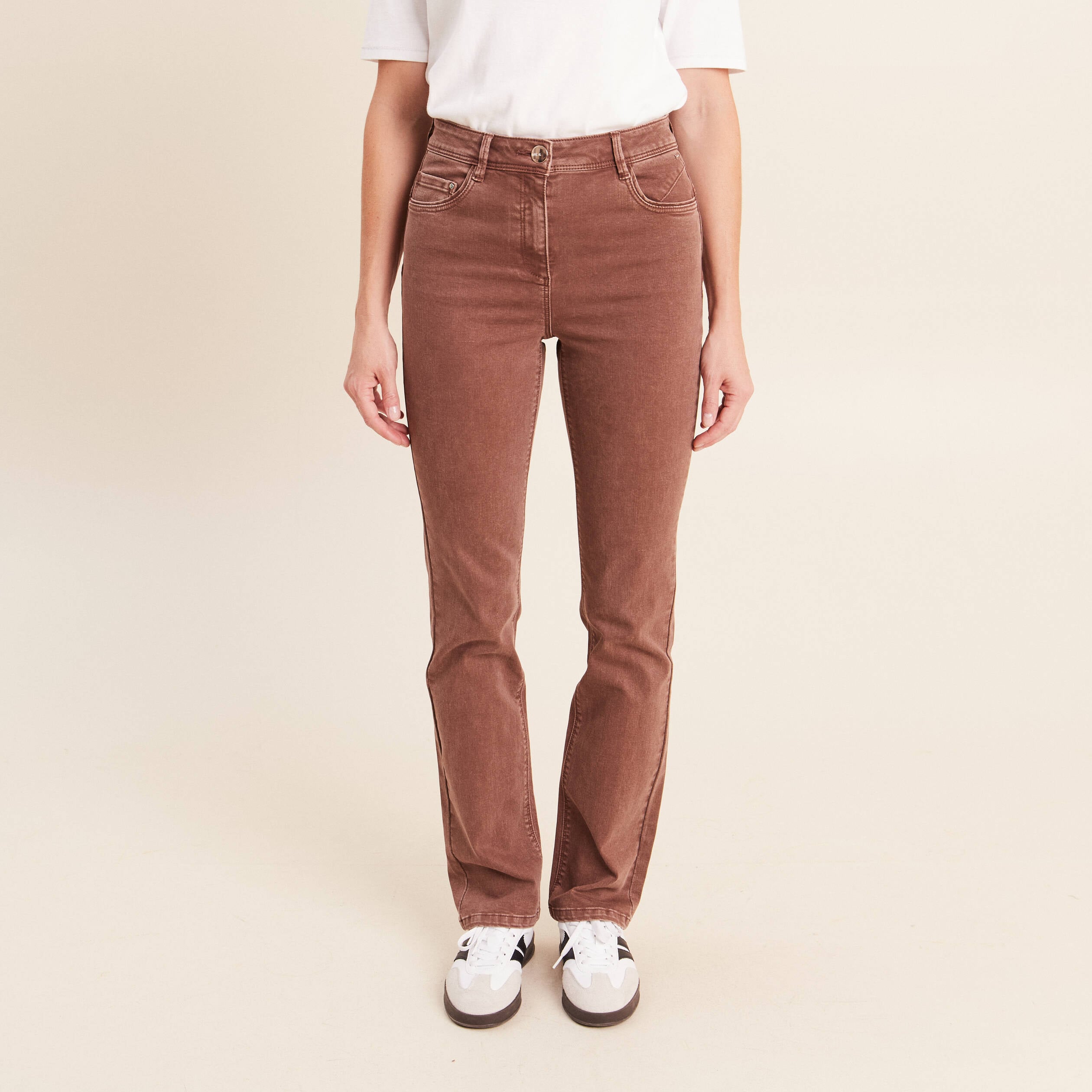 Jean coupe droite taille haute marron clair femme