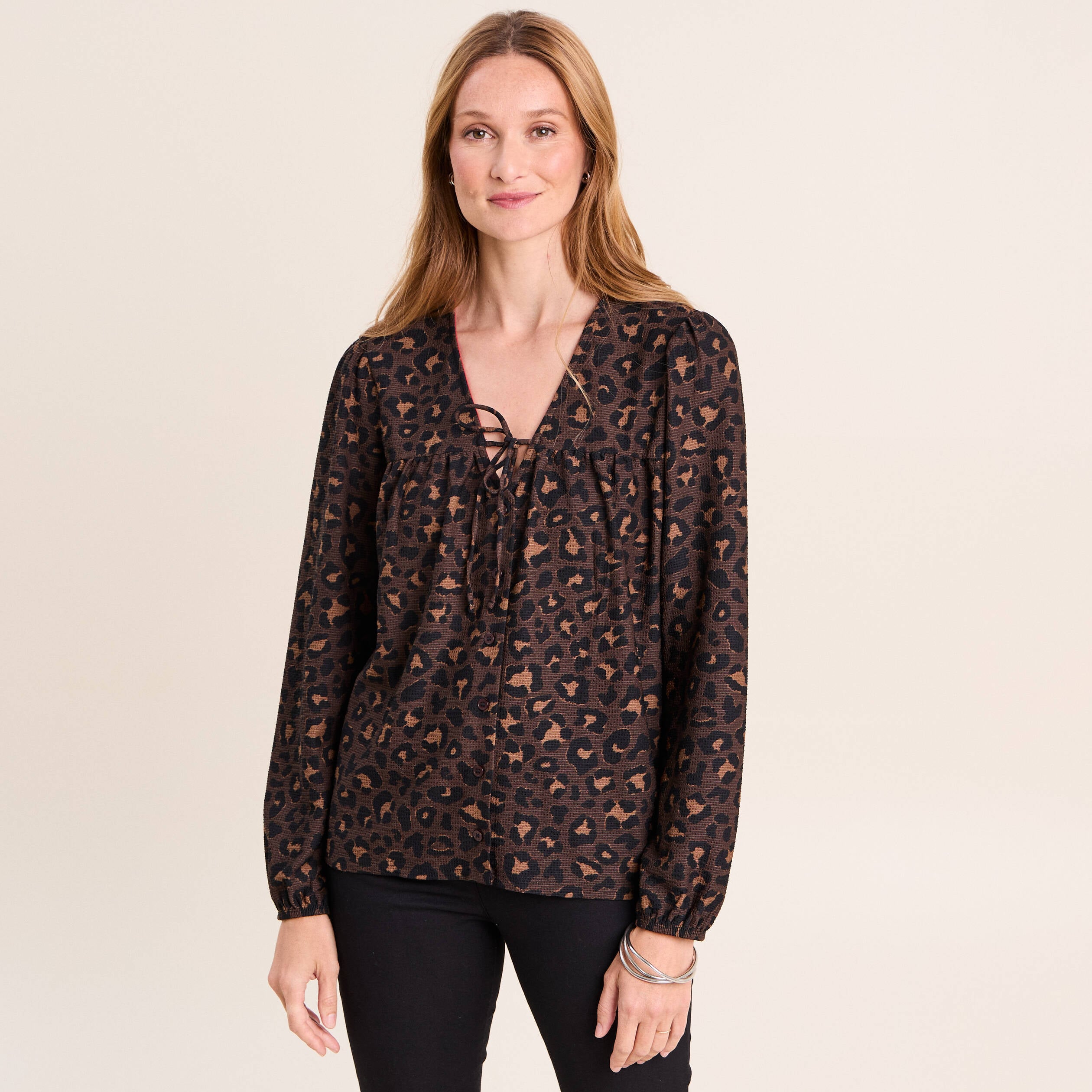 Blouse col v manches longues marron femme