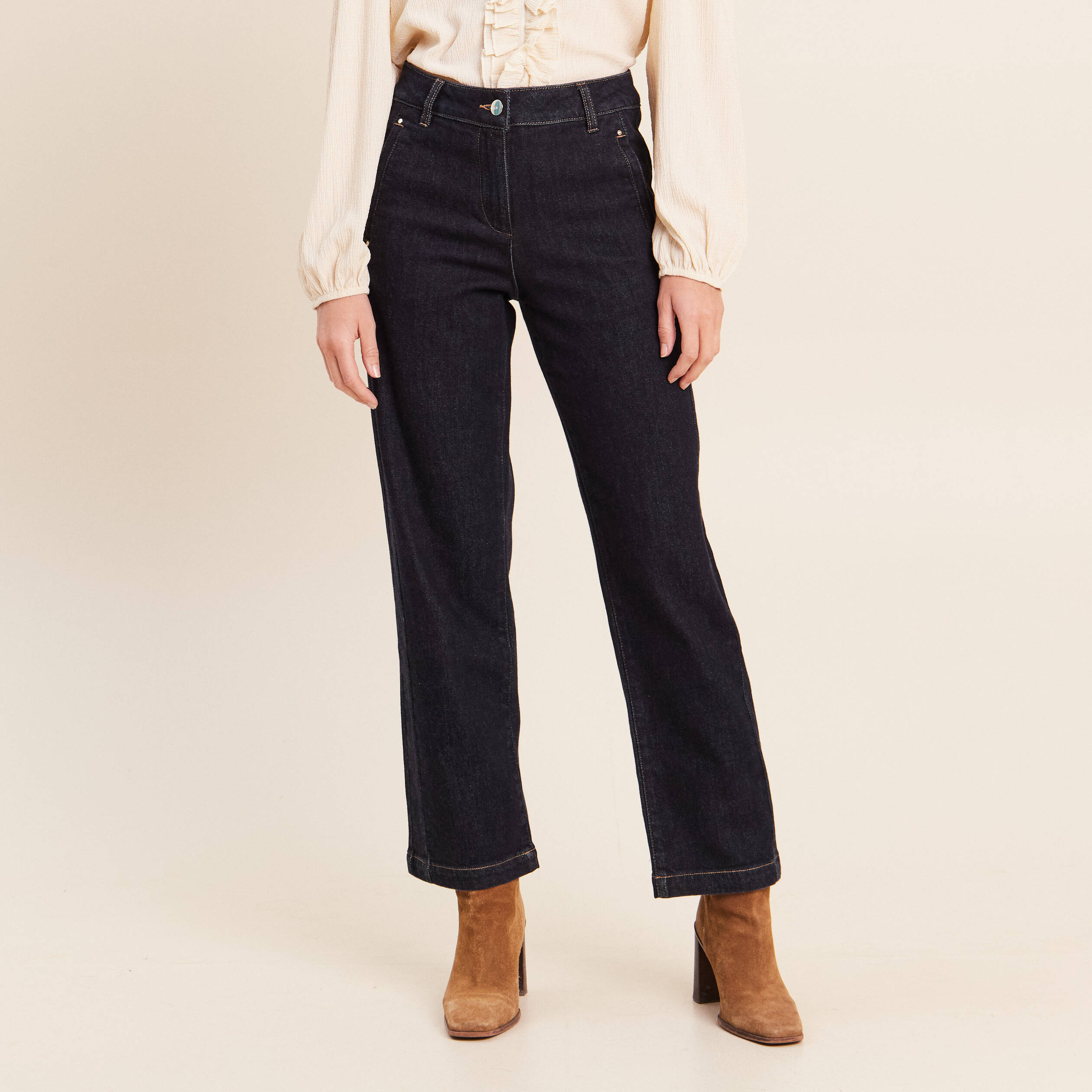 Jean droit taille haute 7/8&egrave;me denim brut femme