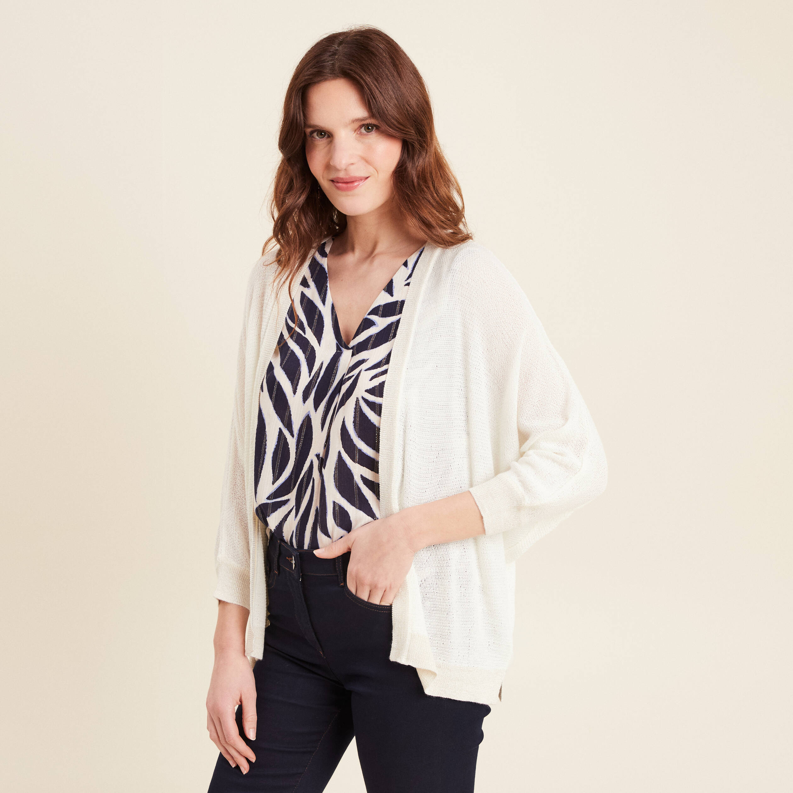 Gilet manches 3/4 ecru femme