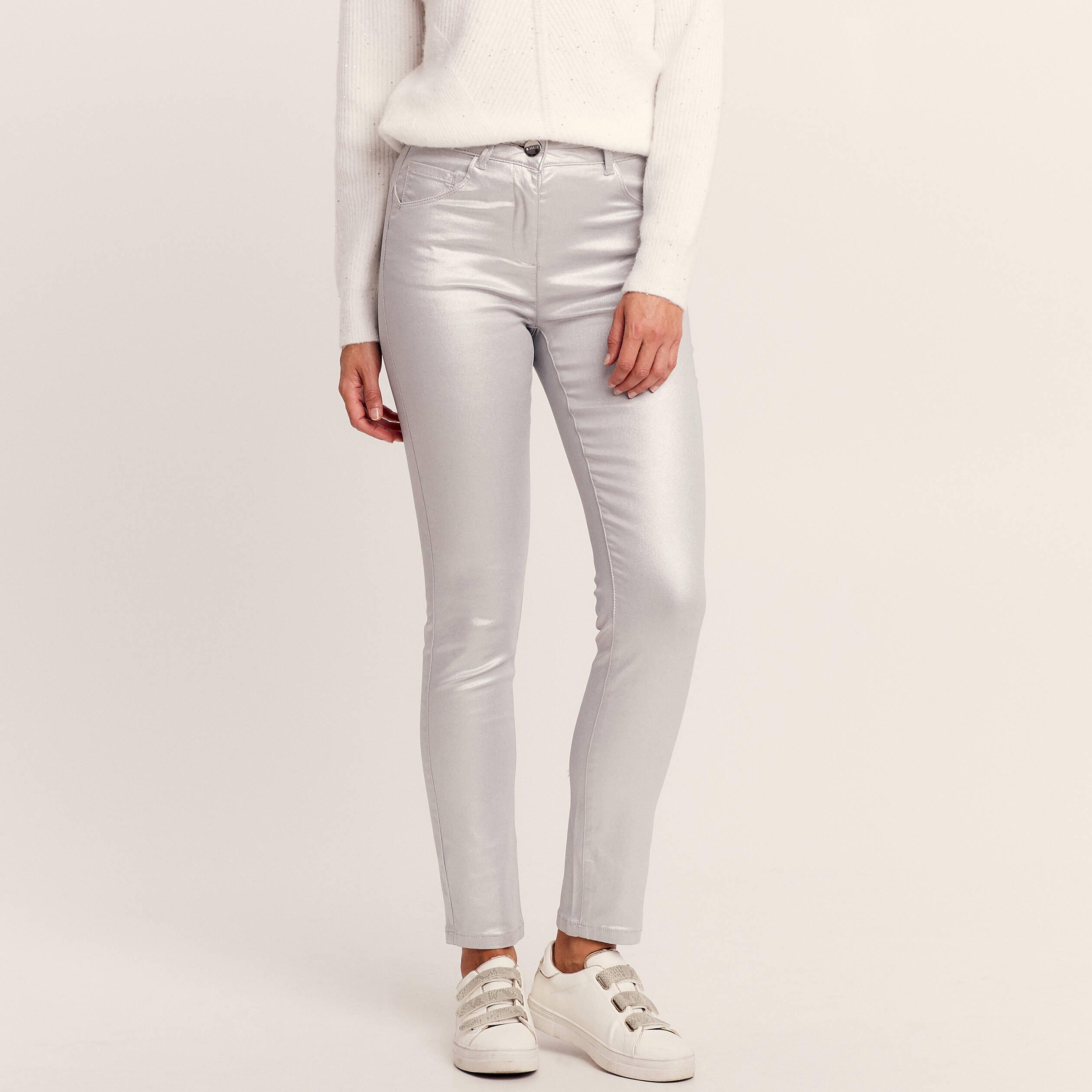 Pantalon ajust enduit gris argent femme Br al