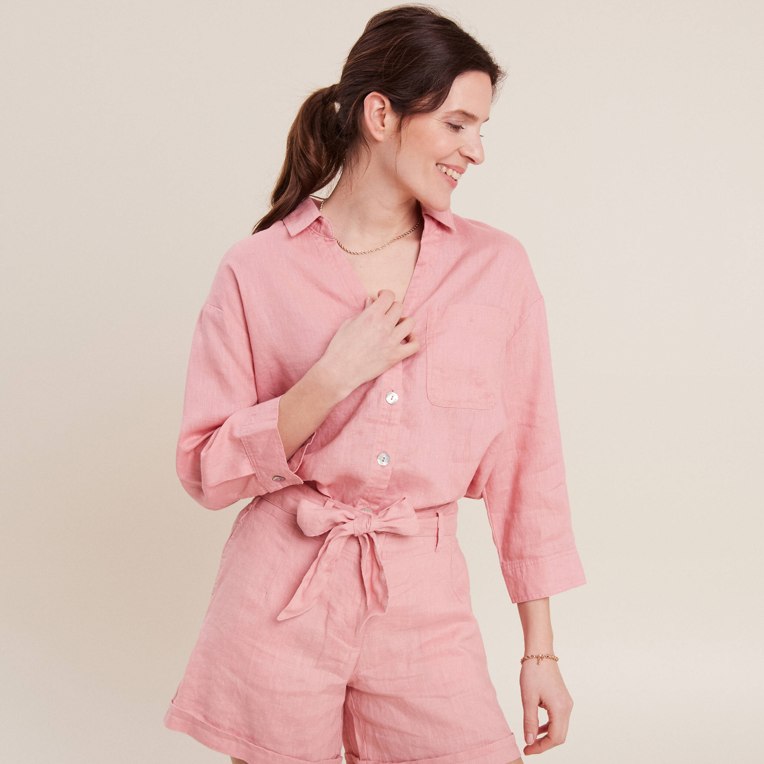 Chemise manches 3/4 vieux rose femme