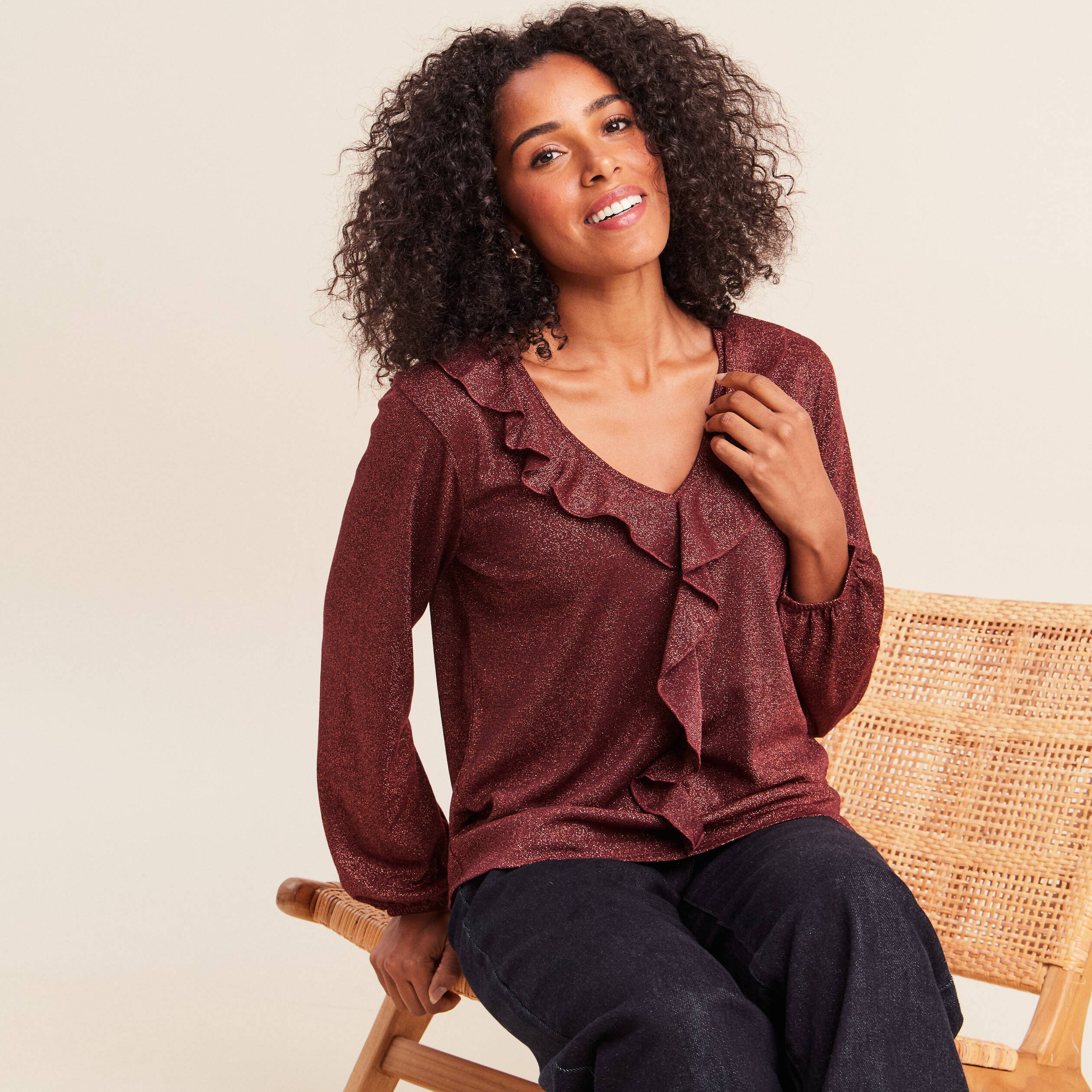 Blouse manches longues orange fonc&eacute; femme
