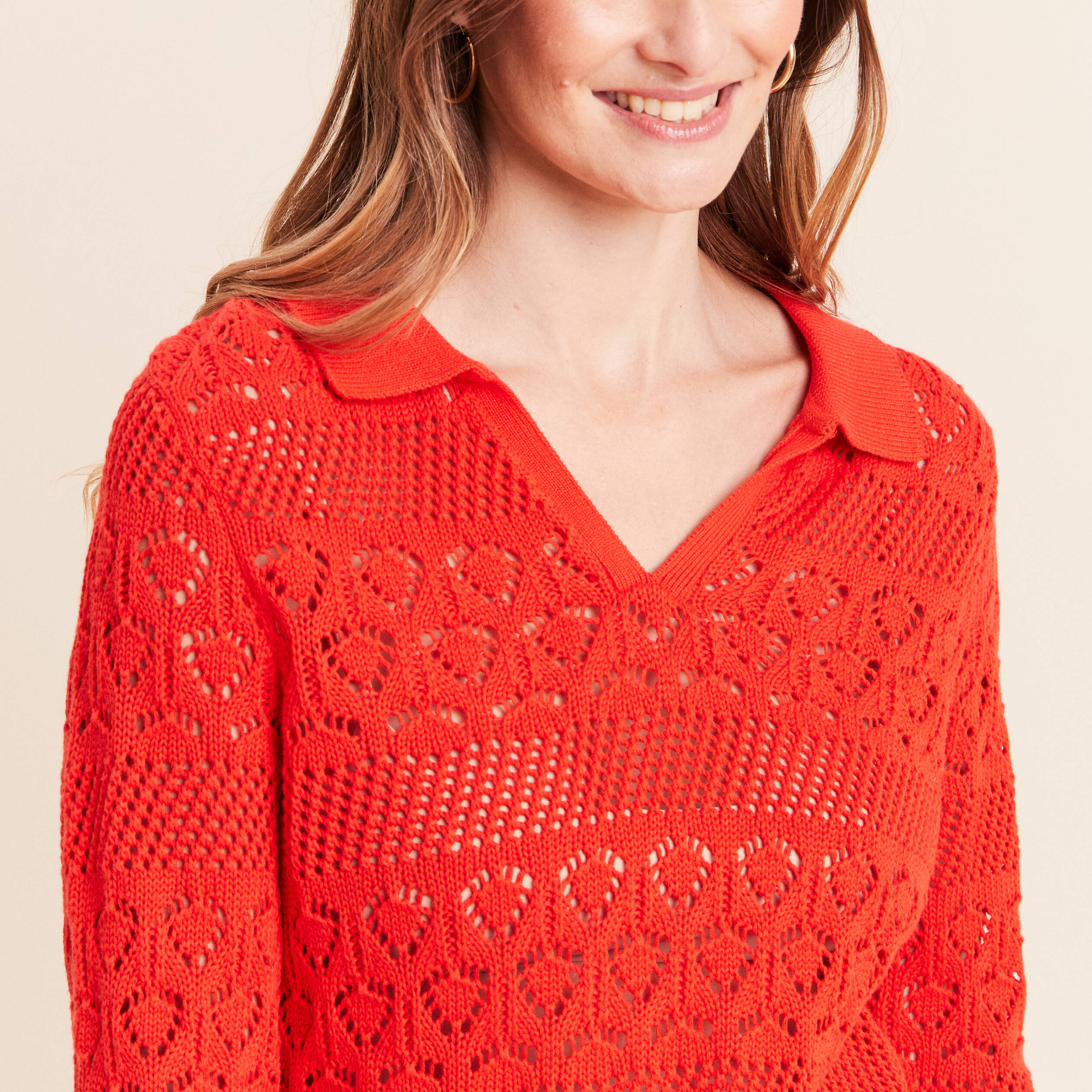 Polo d&eacute;tails ajour&eacute;s orange fonc&eacute; femme