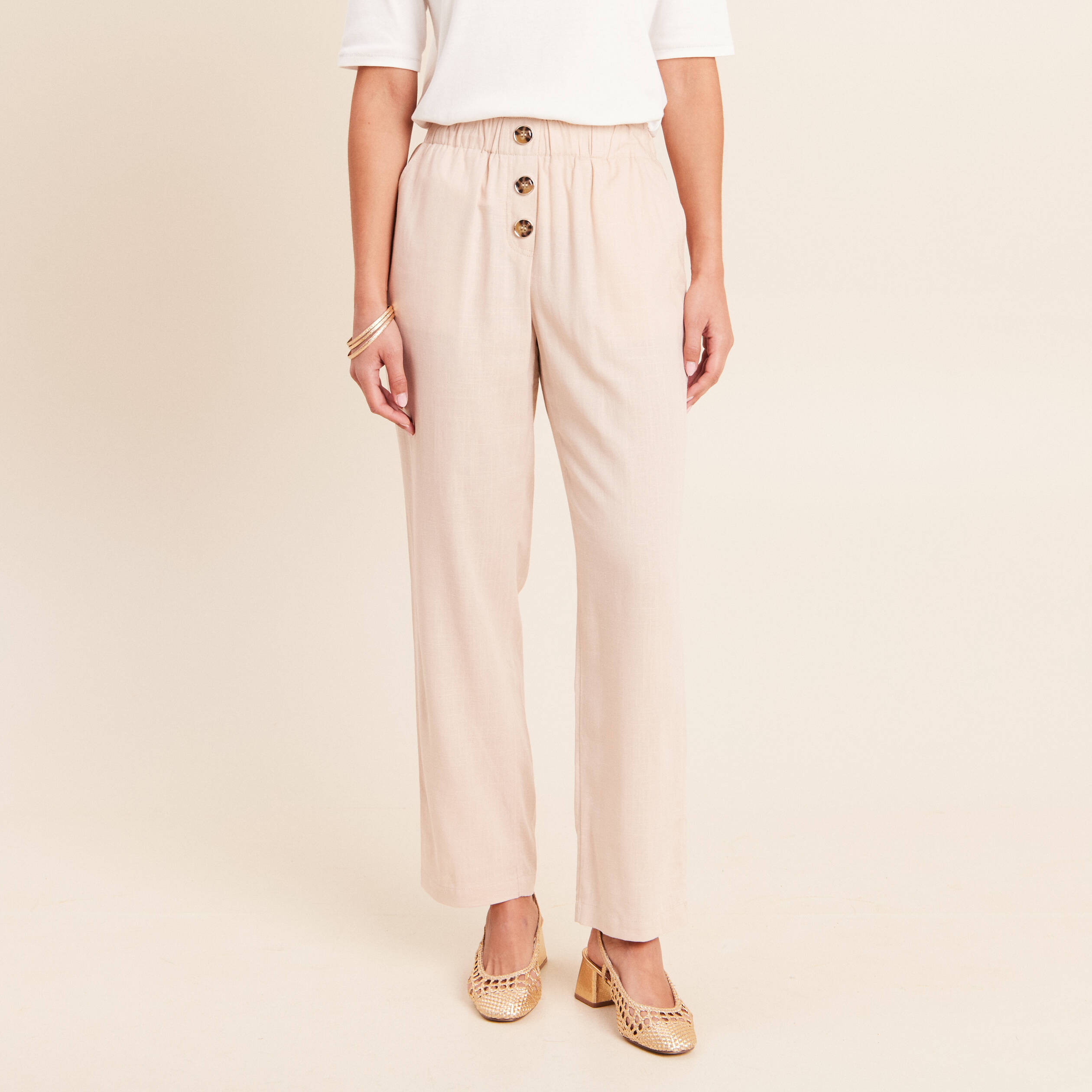 Pantalon large taille haute ivoire femme