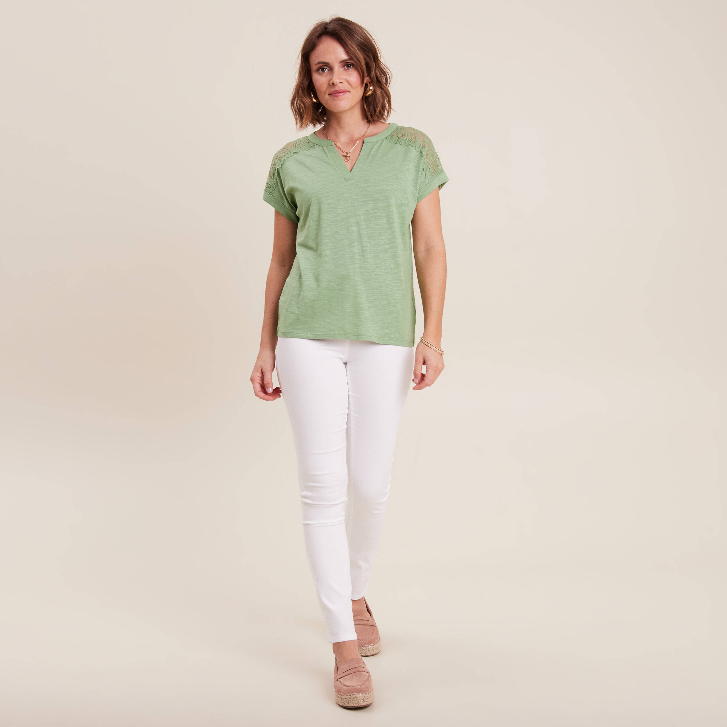T-shirt manches courtes vert olive femme