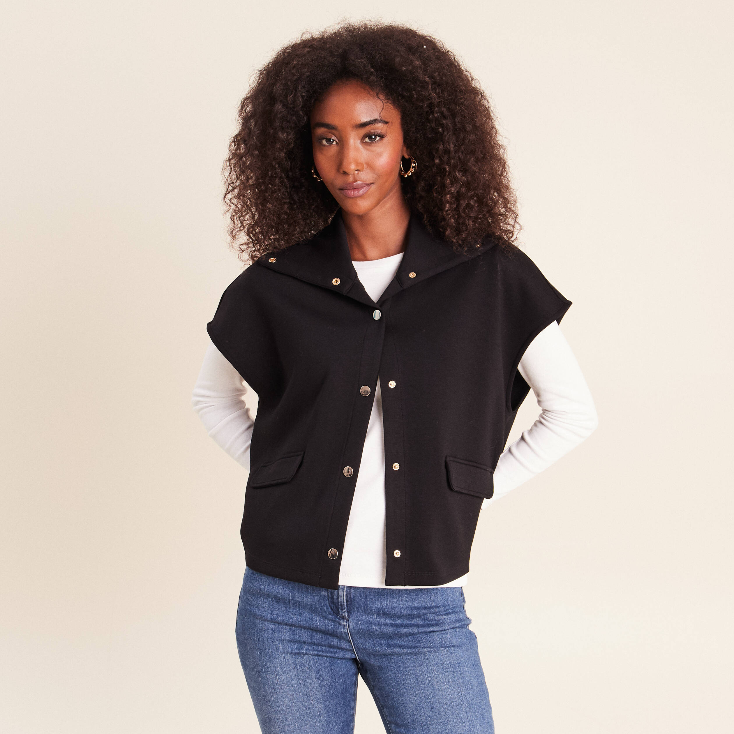 Gilet manches courtes col camionneur noir femme