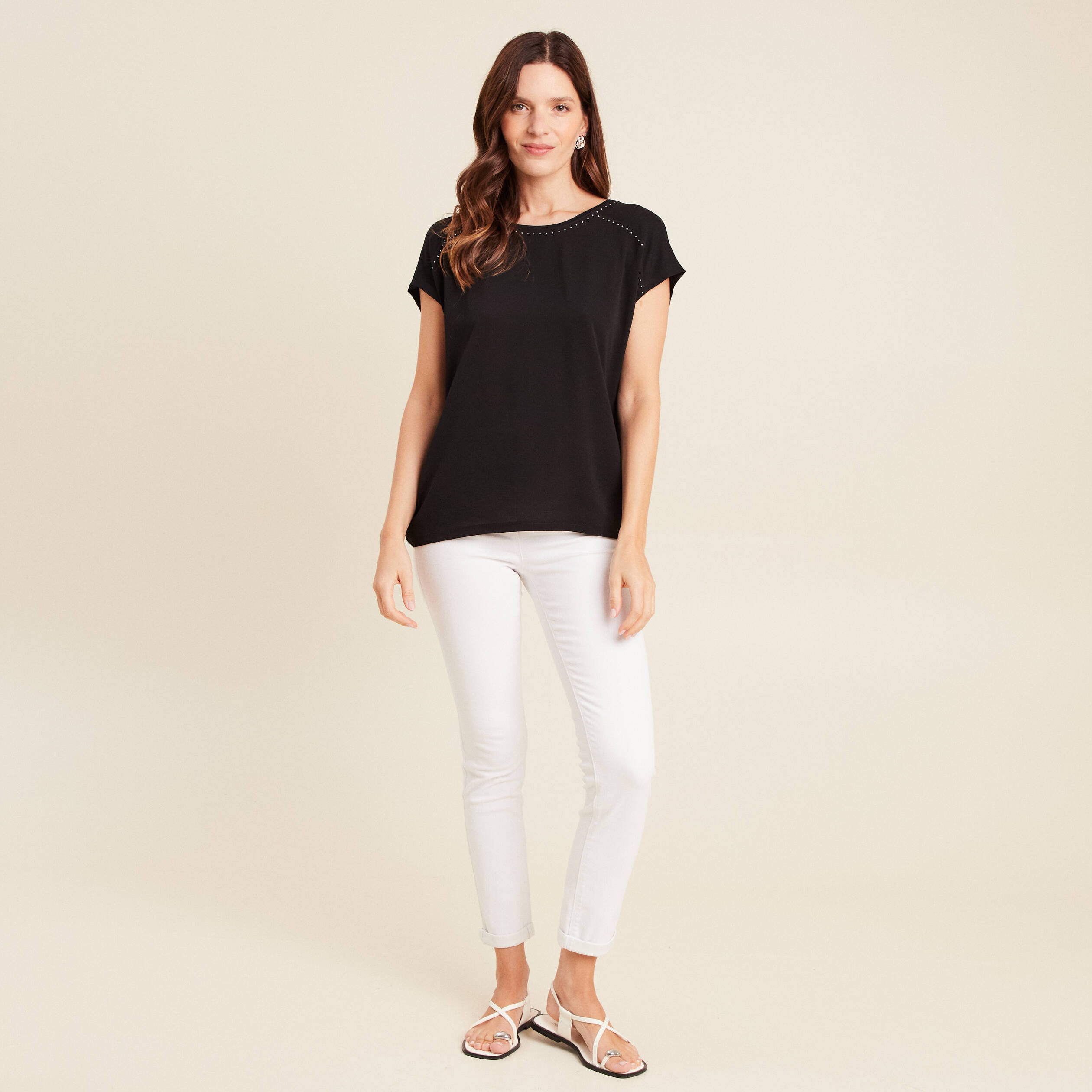 T-shirt bi-matière manches courtes noir femme