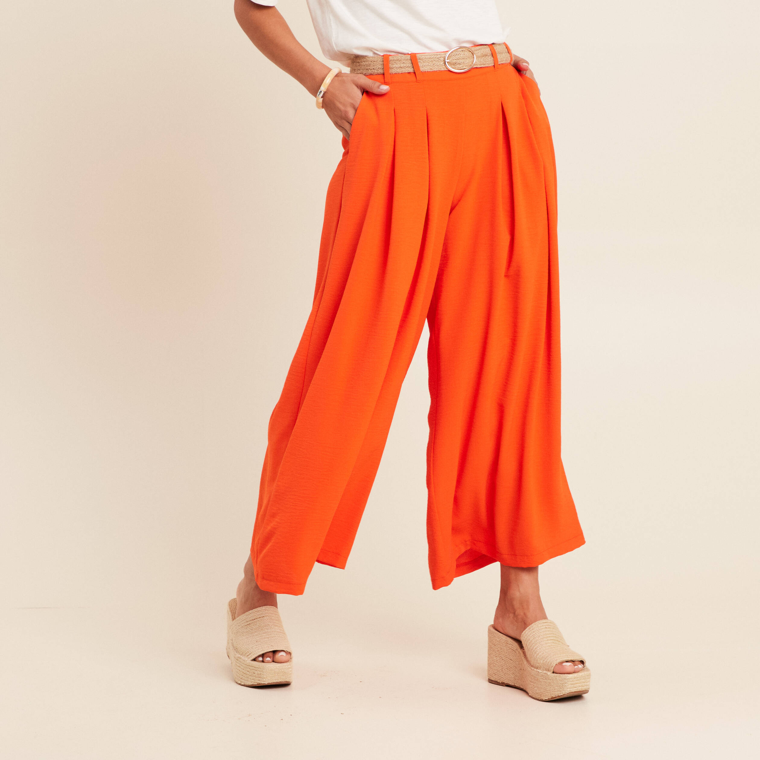 pantalon jupe culotte large orange corail femme Pantalon jupe-culotte large orange corail femme