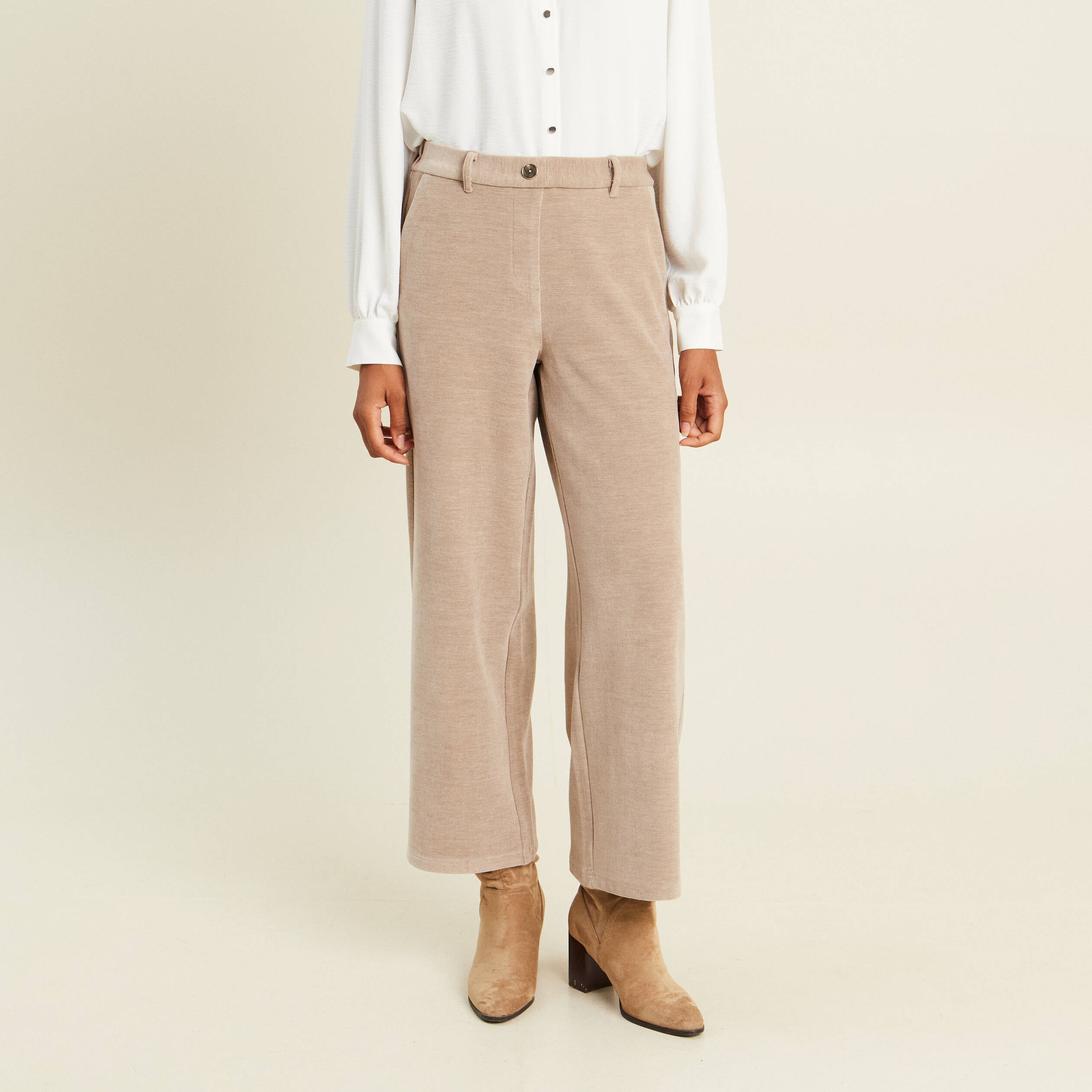 Pantalon loose en velours beige femme
