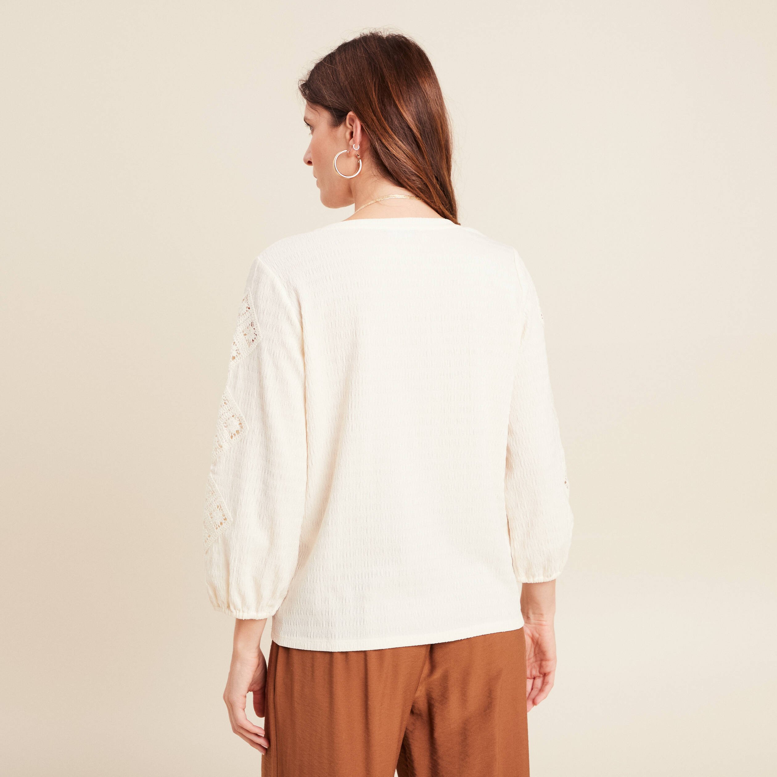 blouse macrame col v manches 34 ecru femme blouse macramé col V manches 3/4 ecru femme