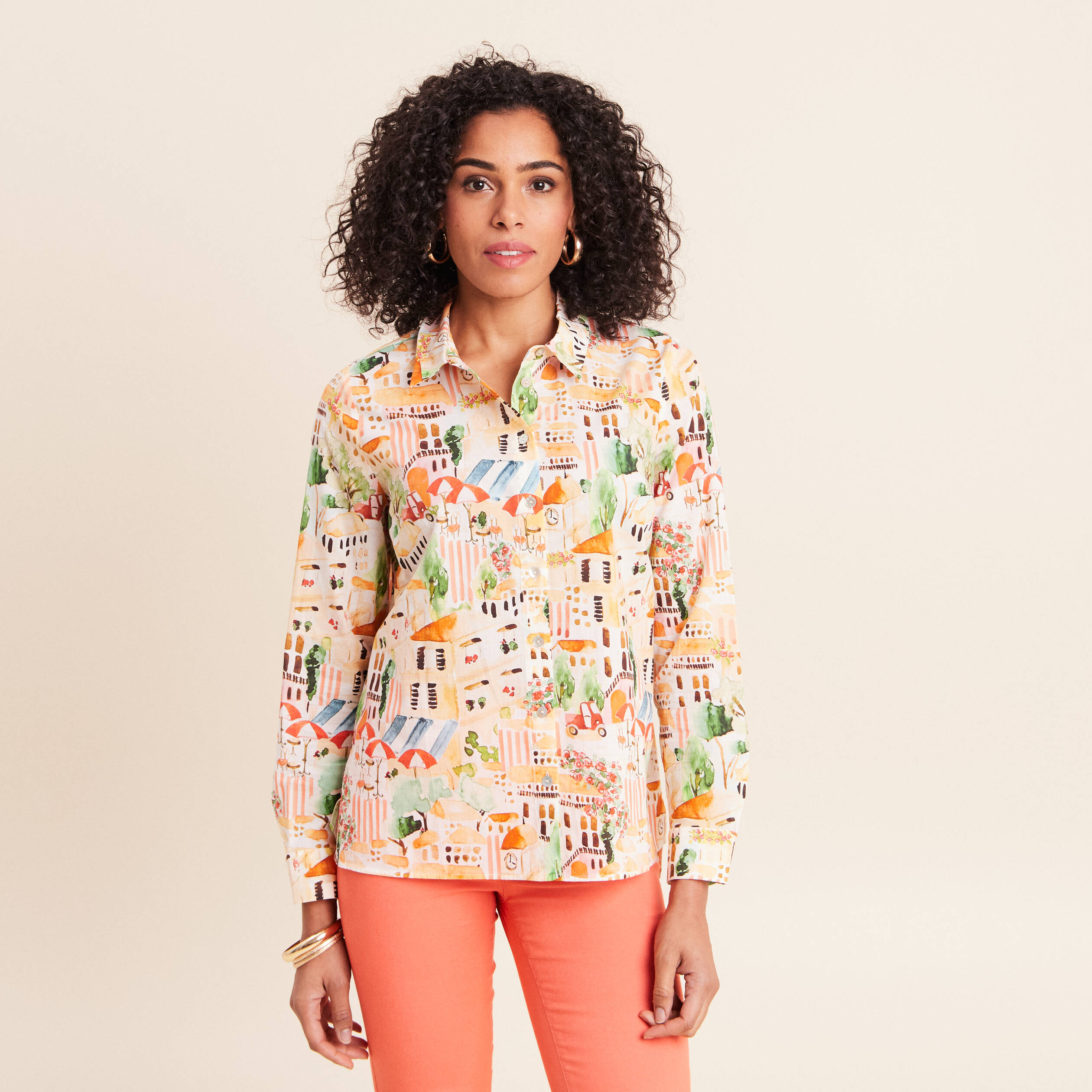 Chemise col am&eacute;ricain manches longues multicolore femme