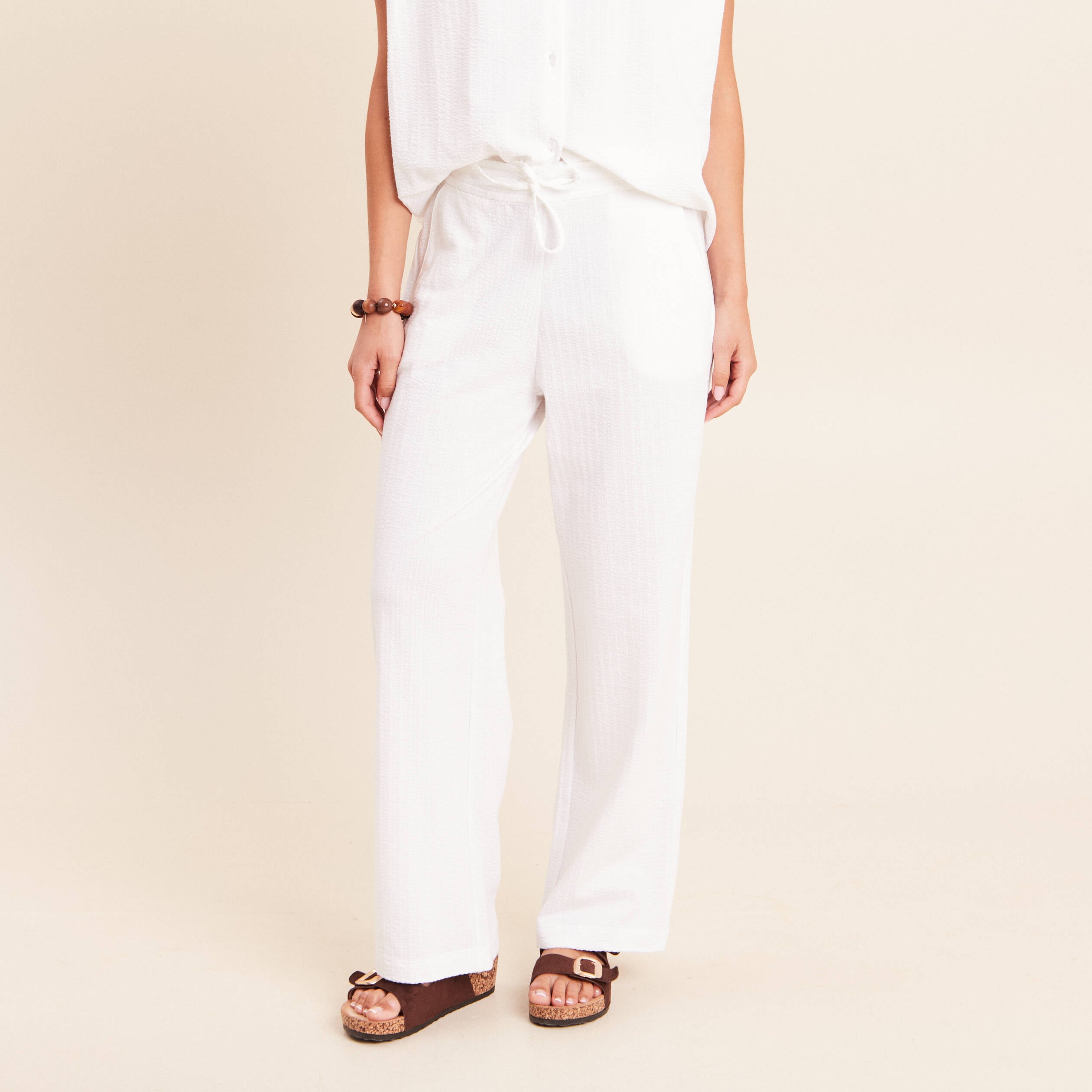 Pantalon large taille haute blanc femme