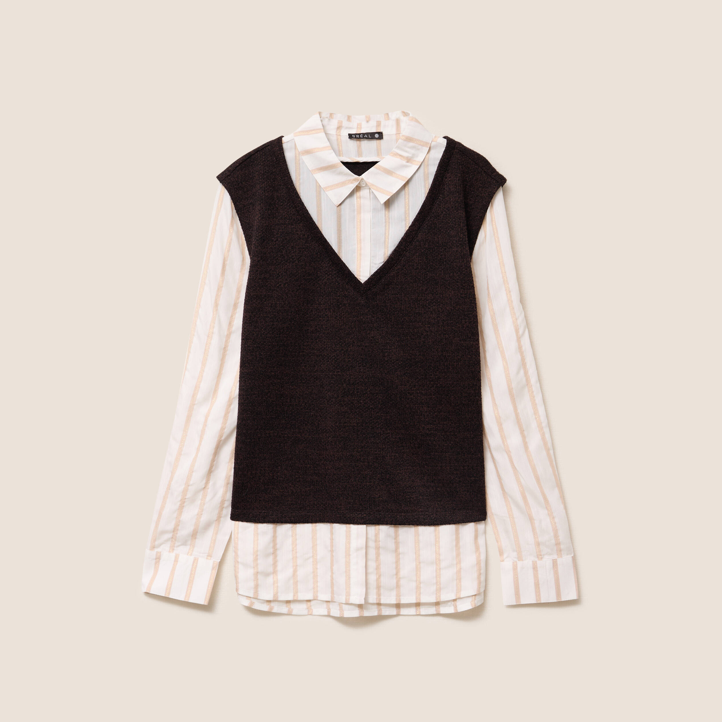 Pull effet 2-en-1 chemise marron fonc&eacute; femme