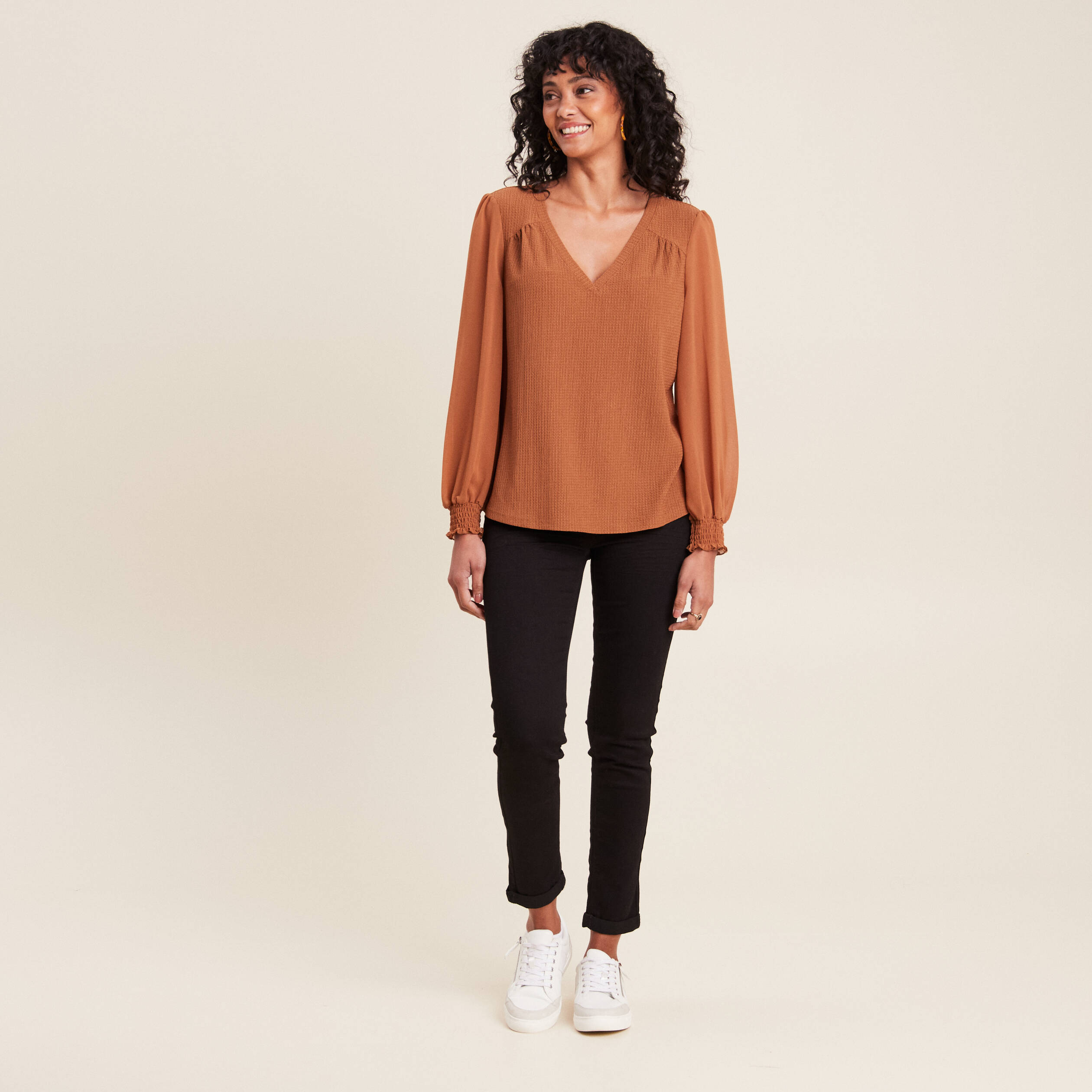 Blouse bi matiere marron femme Breal