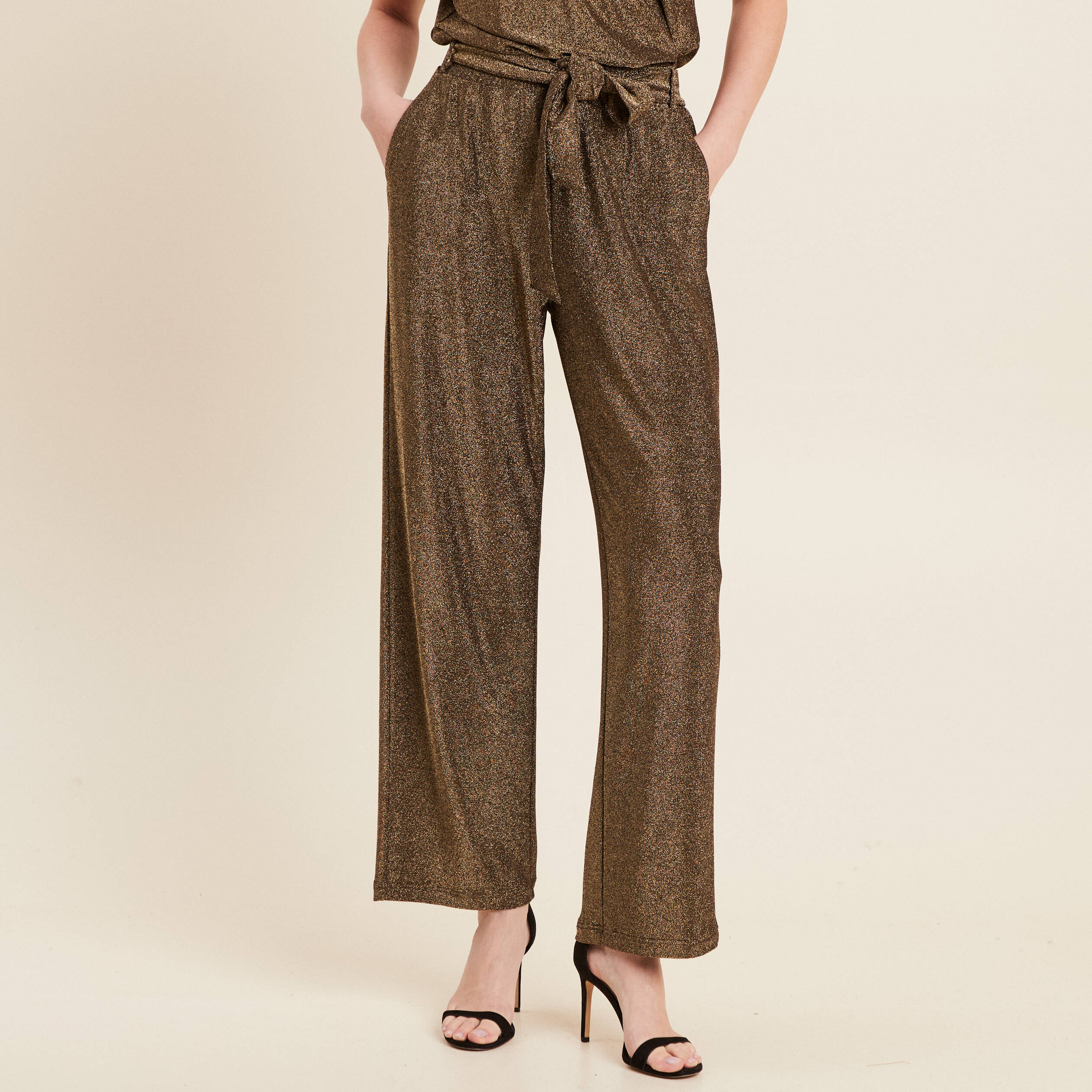 Pantalon large taille haute vert kaki femme