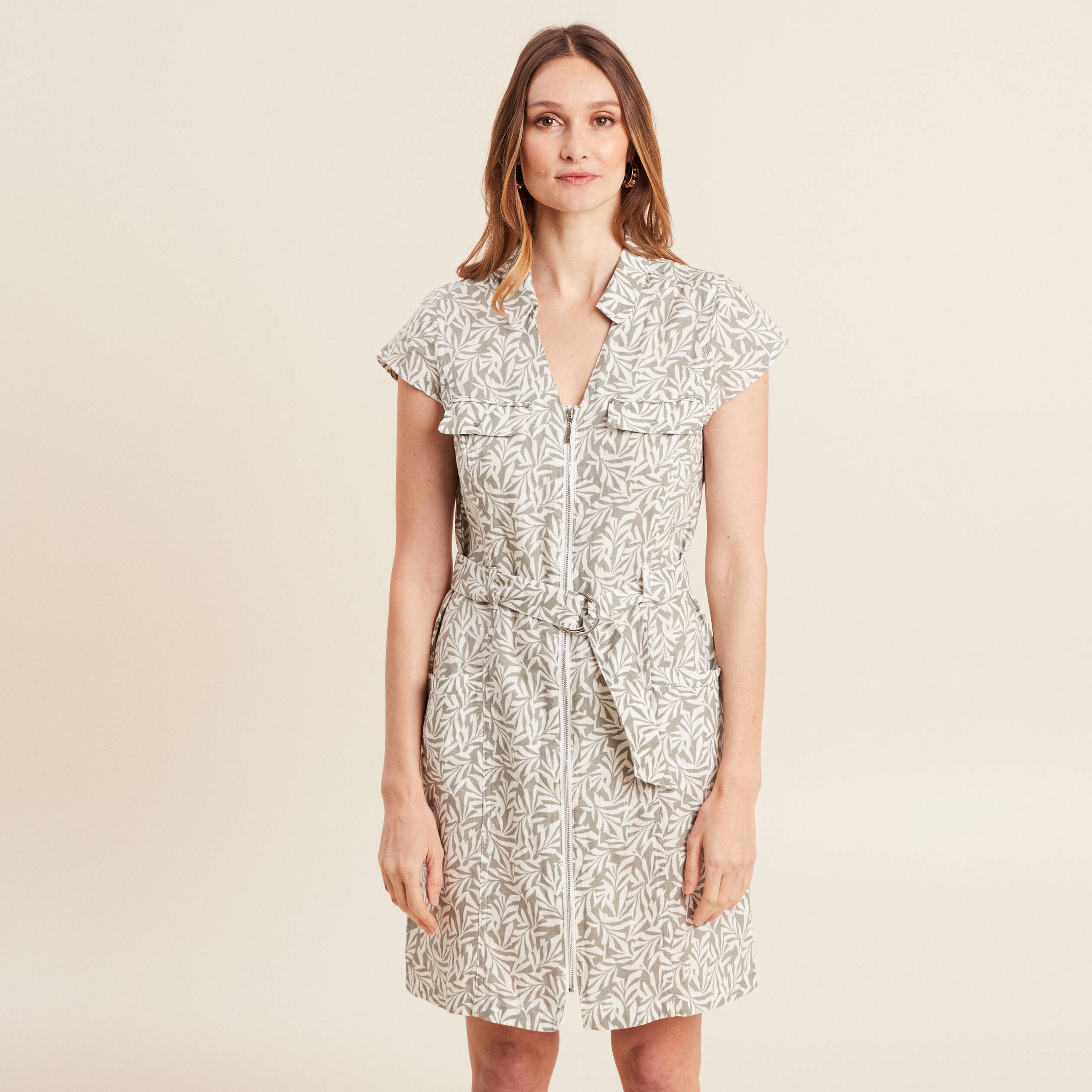 Robe droite zippée vert kaki femme