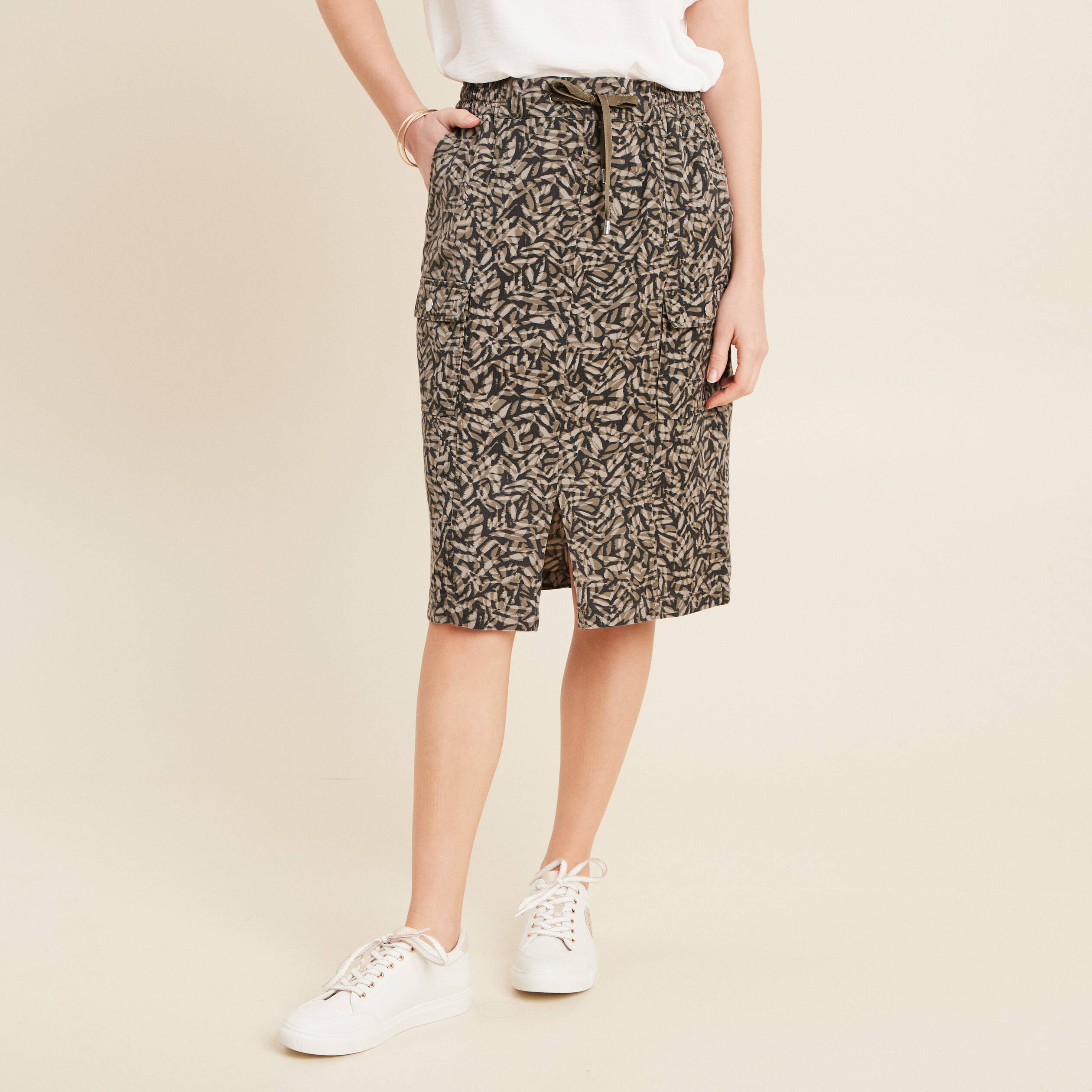 Jupe droite à coulisse vert kaki femme