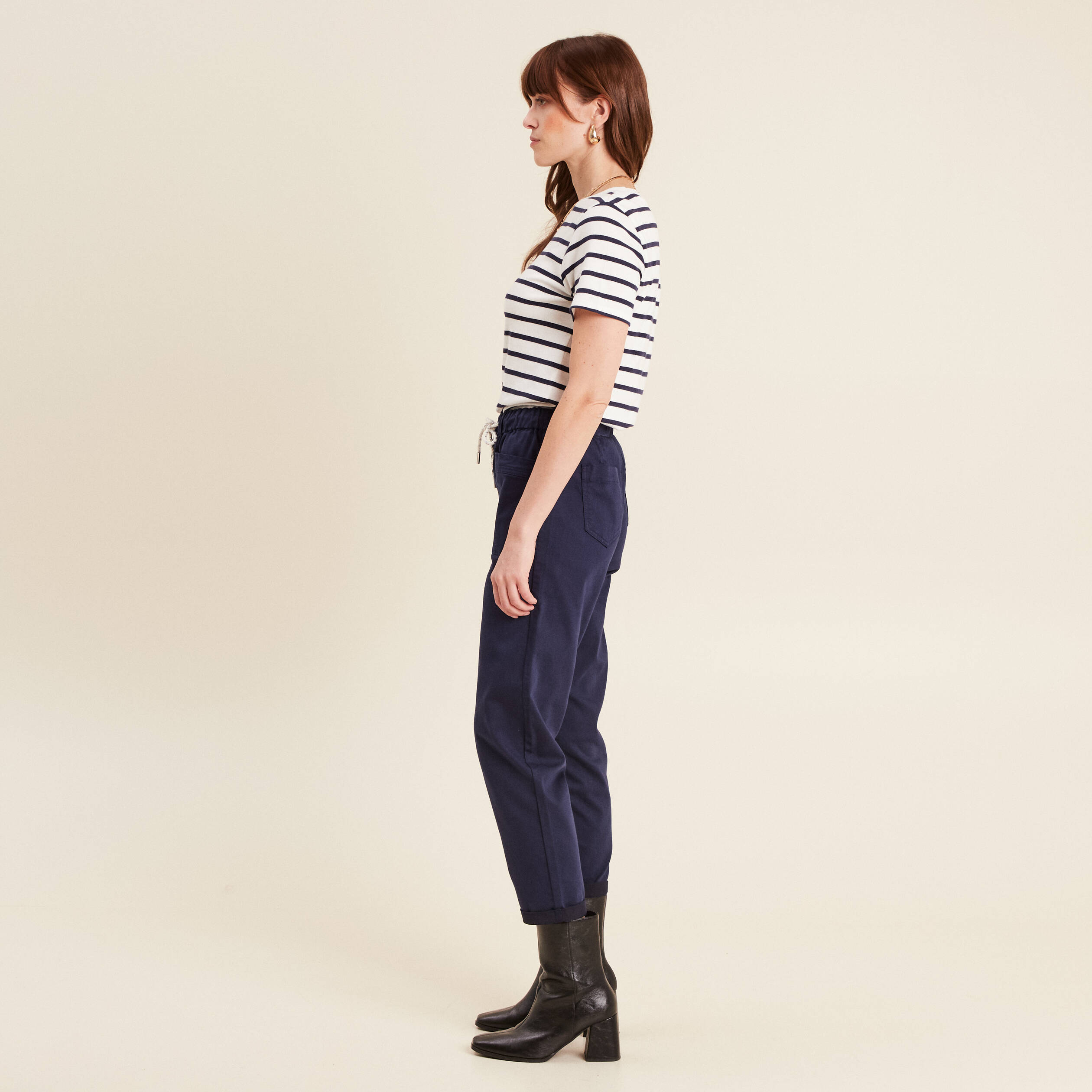 Pantalon coupe droite à coulisse bleu marine femme