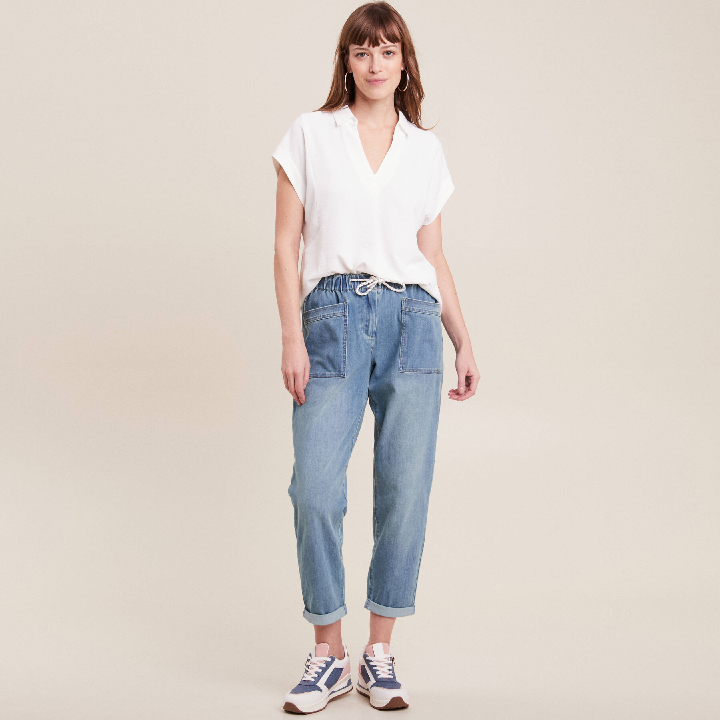Jean large à coulisse denim double stone femme