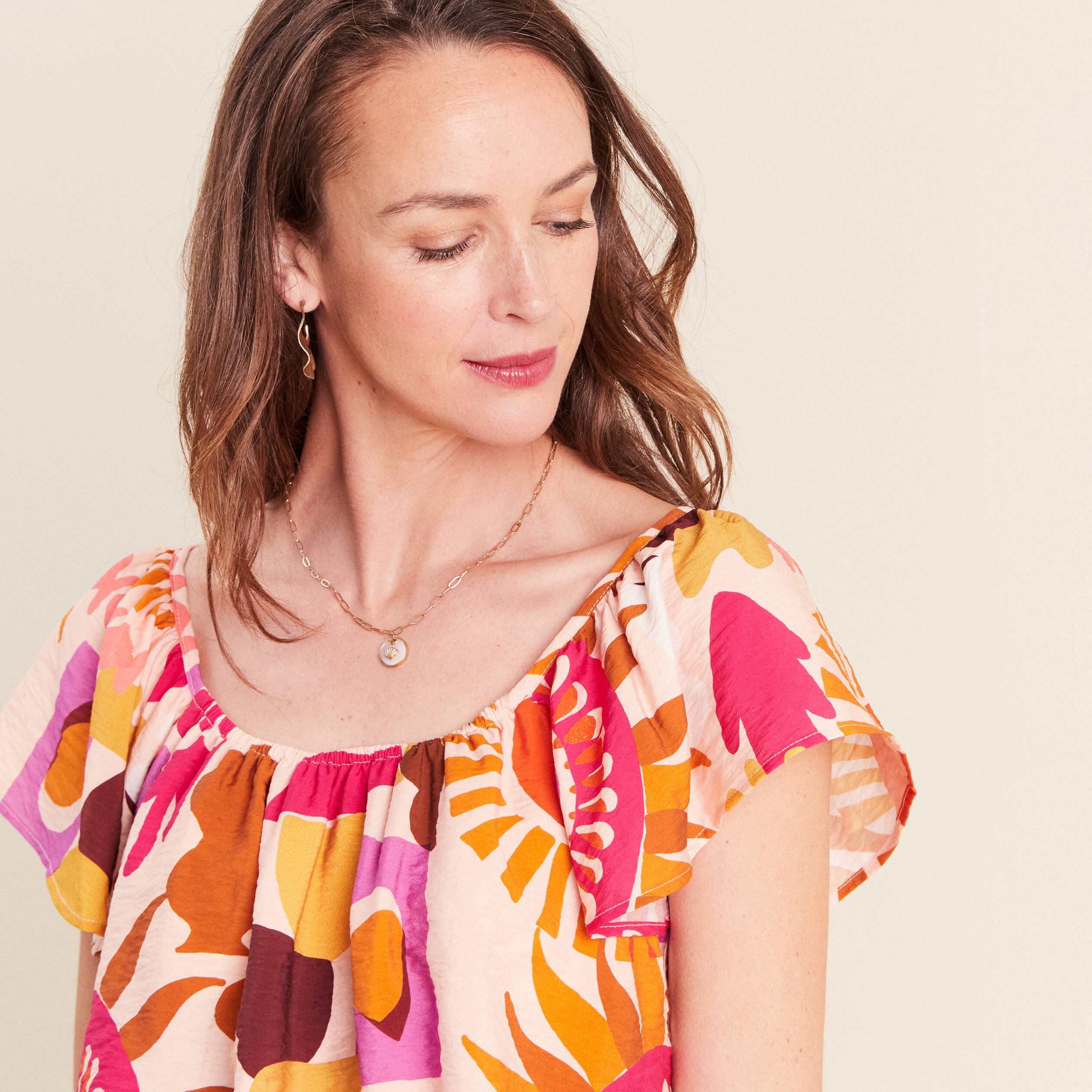 Blouse col v manches courtes fluide multicolore femme
