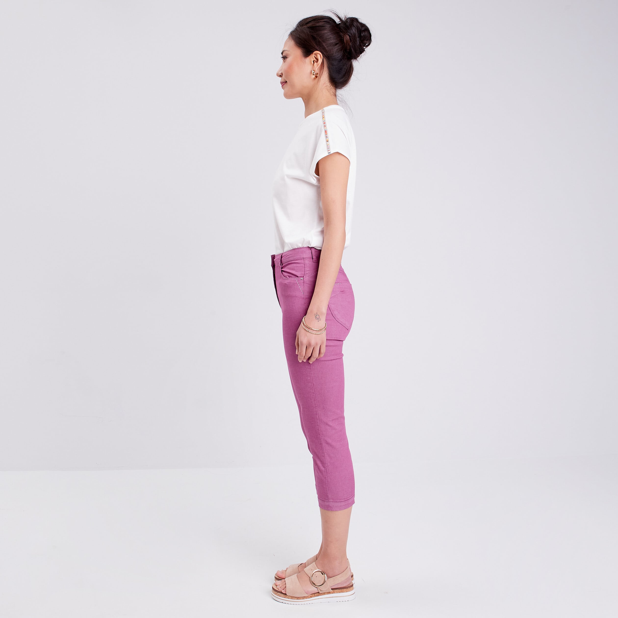 Pantacourt droit taille haute violet femme