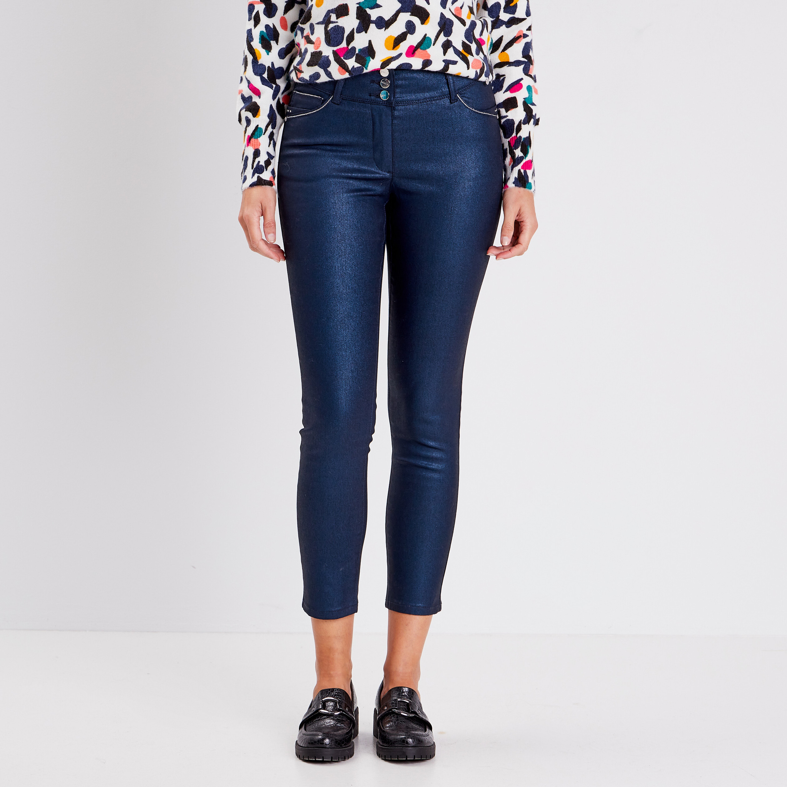pantalon ajuste aspect irise bleu fonce femme Pantalon ajusté aspect irisé bleu foncé femme