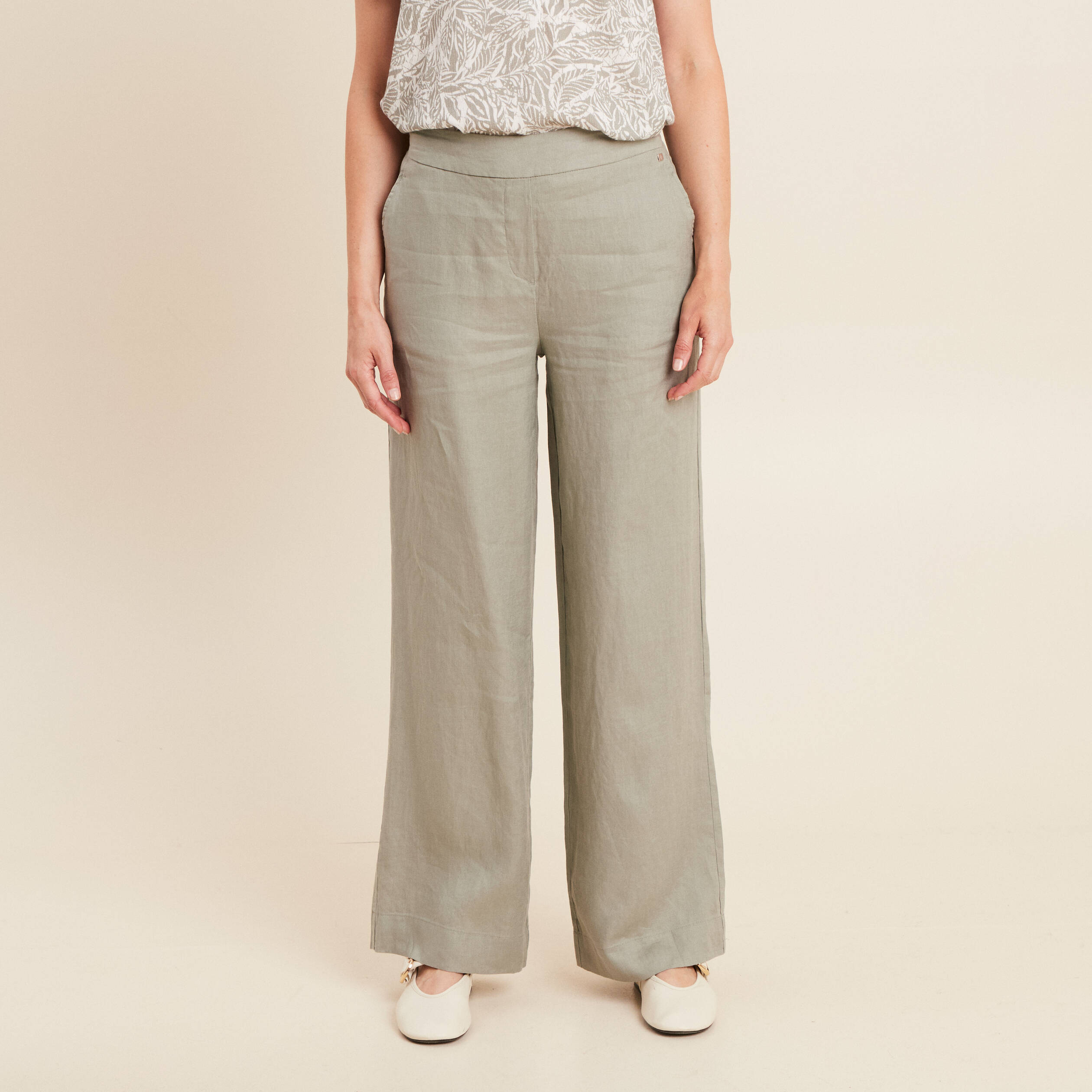 pantalon large taille haute en lin vert clair femme Pantalon large taille haute en lin vert clair femme