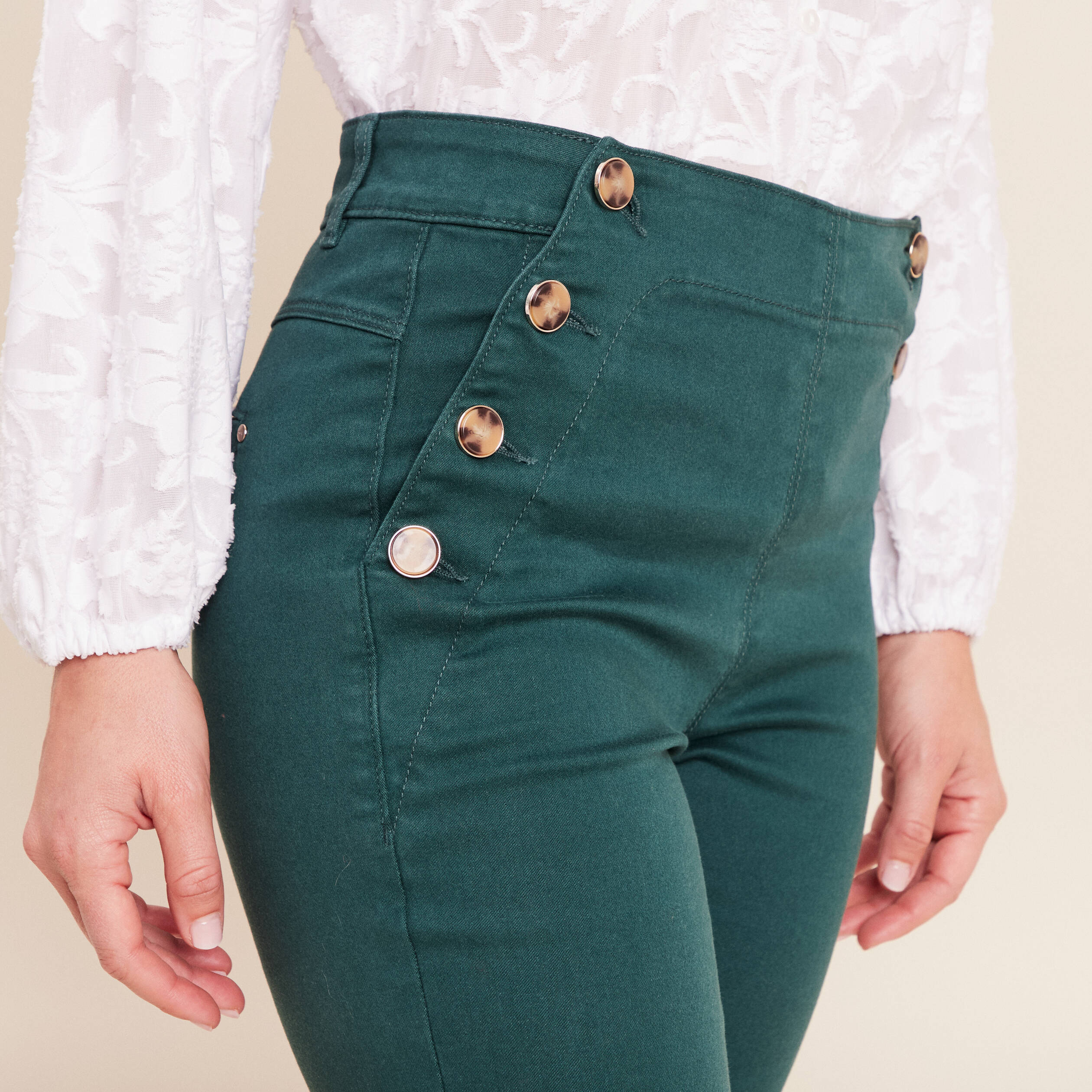Pantalon coupe bootcut taille haute vert fonc&eacute; femme