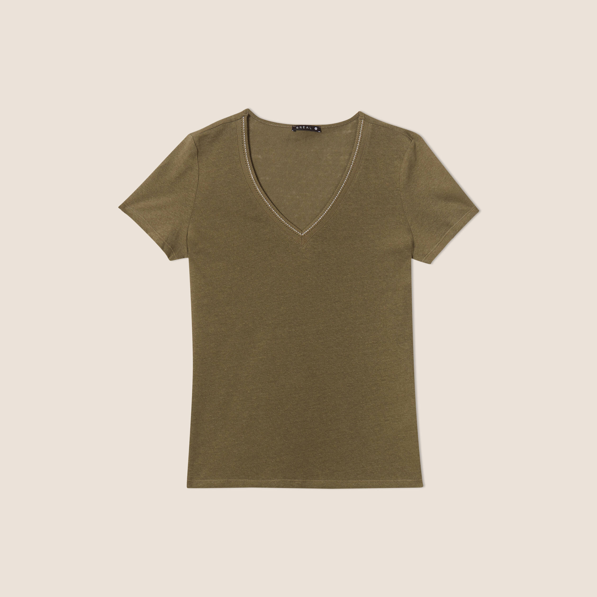 T-shirt manches courtes col en V vert olive femme