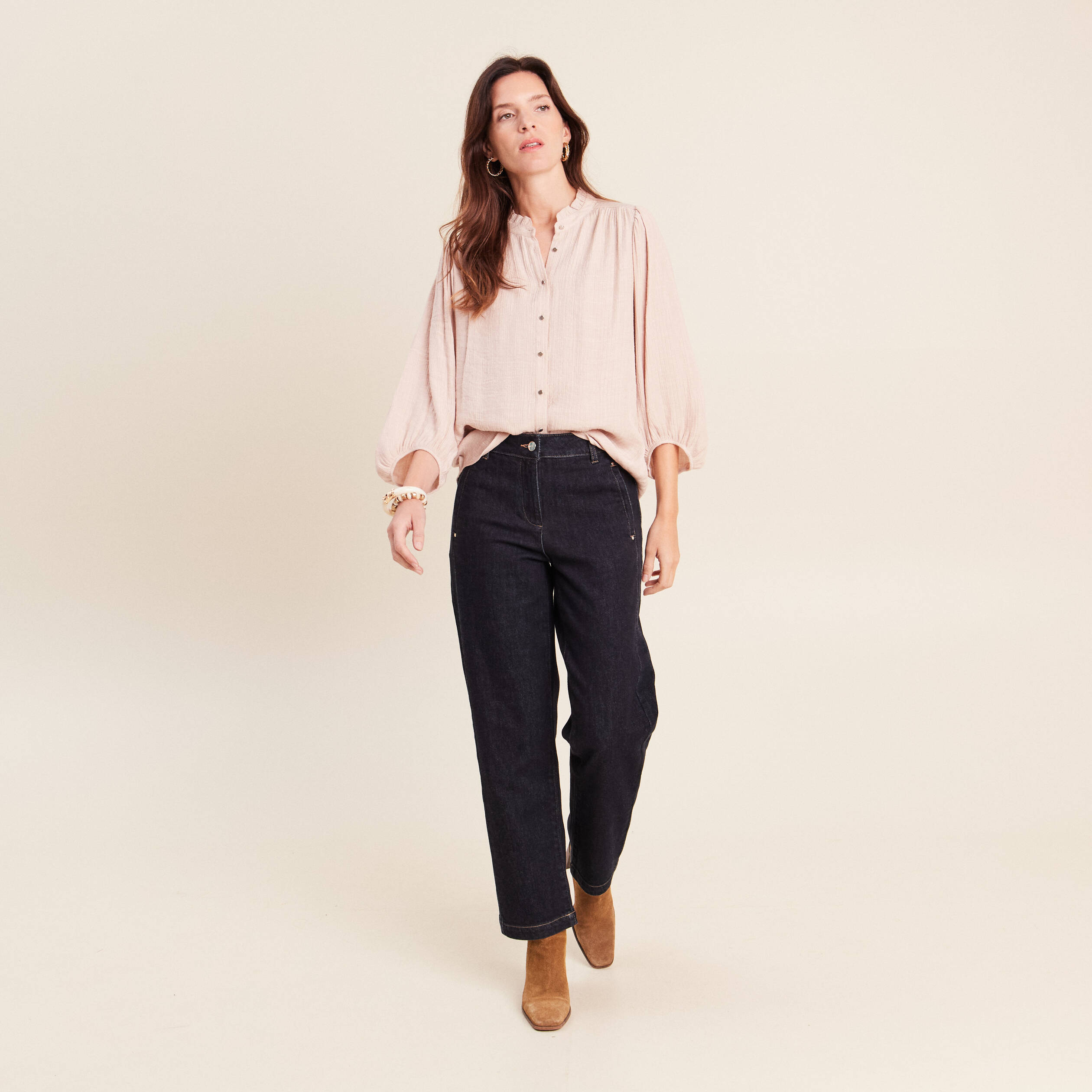 Chemise col montant manches 3/4 ivoire femme