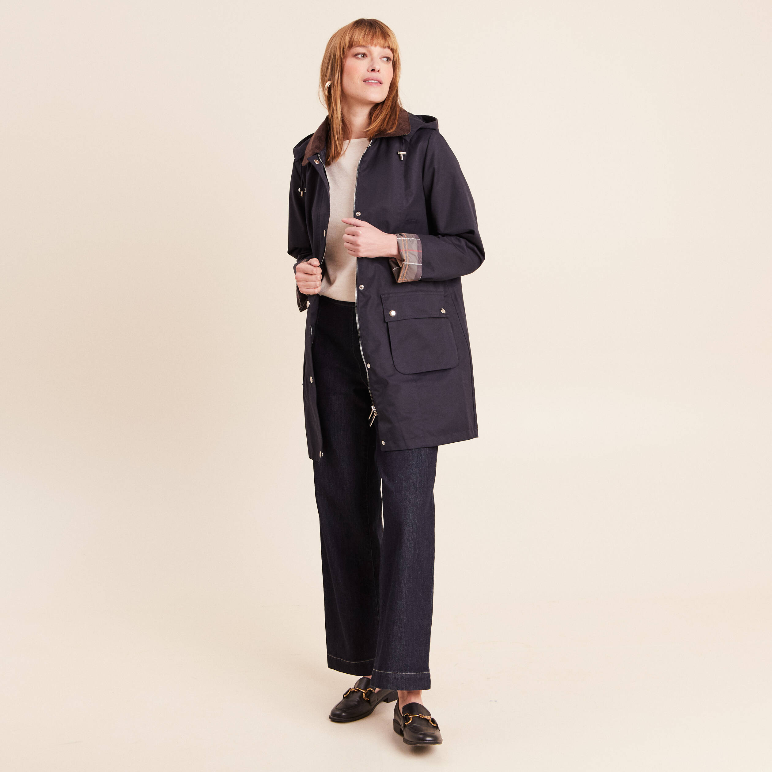 Parka &agrave; capuche doubl&eacute;e bleu fonc&eacute; femme