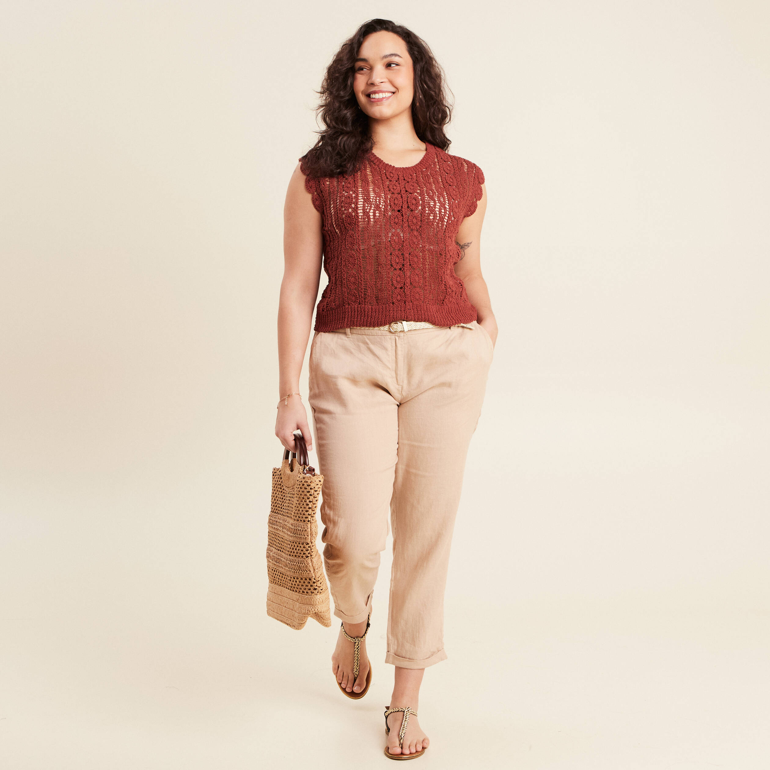 Débardeur macramé marron foncé femme