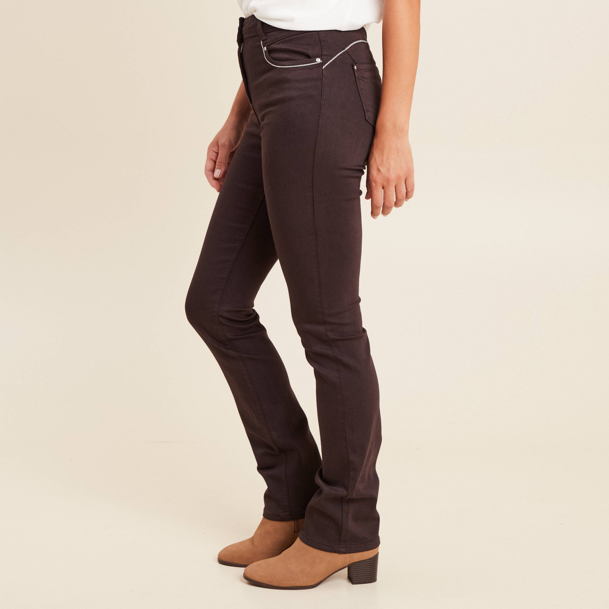 Pantalon droit taille haute marron fonc&eacute; femme