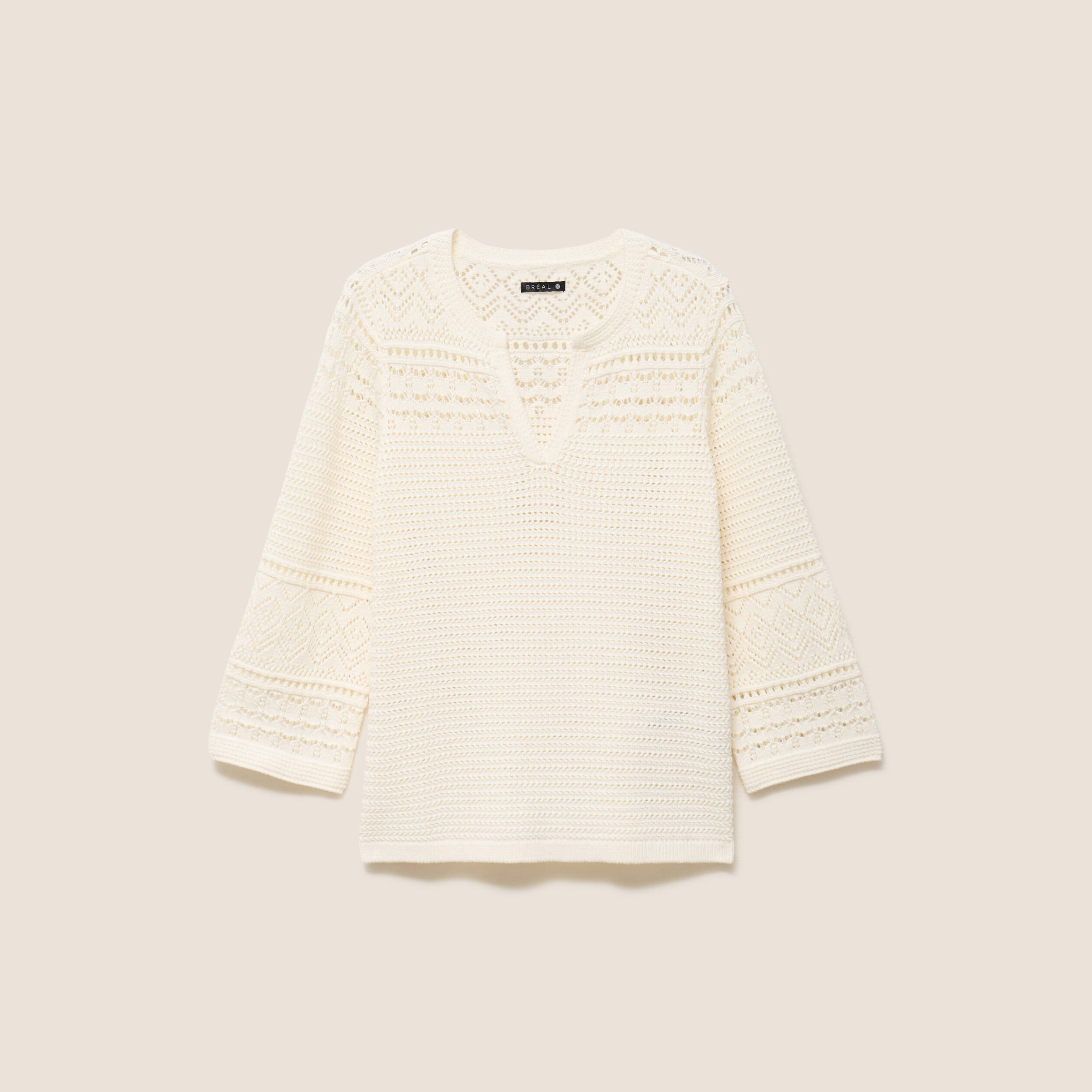 Pull col tunisien manches 3/4 ecru femme