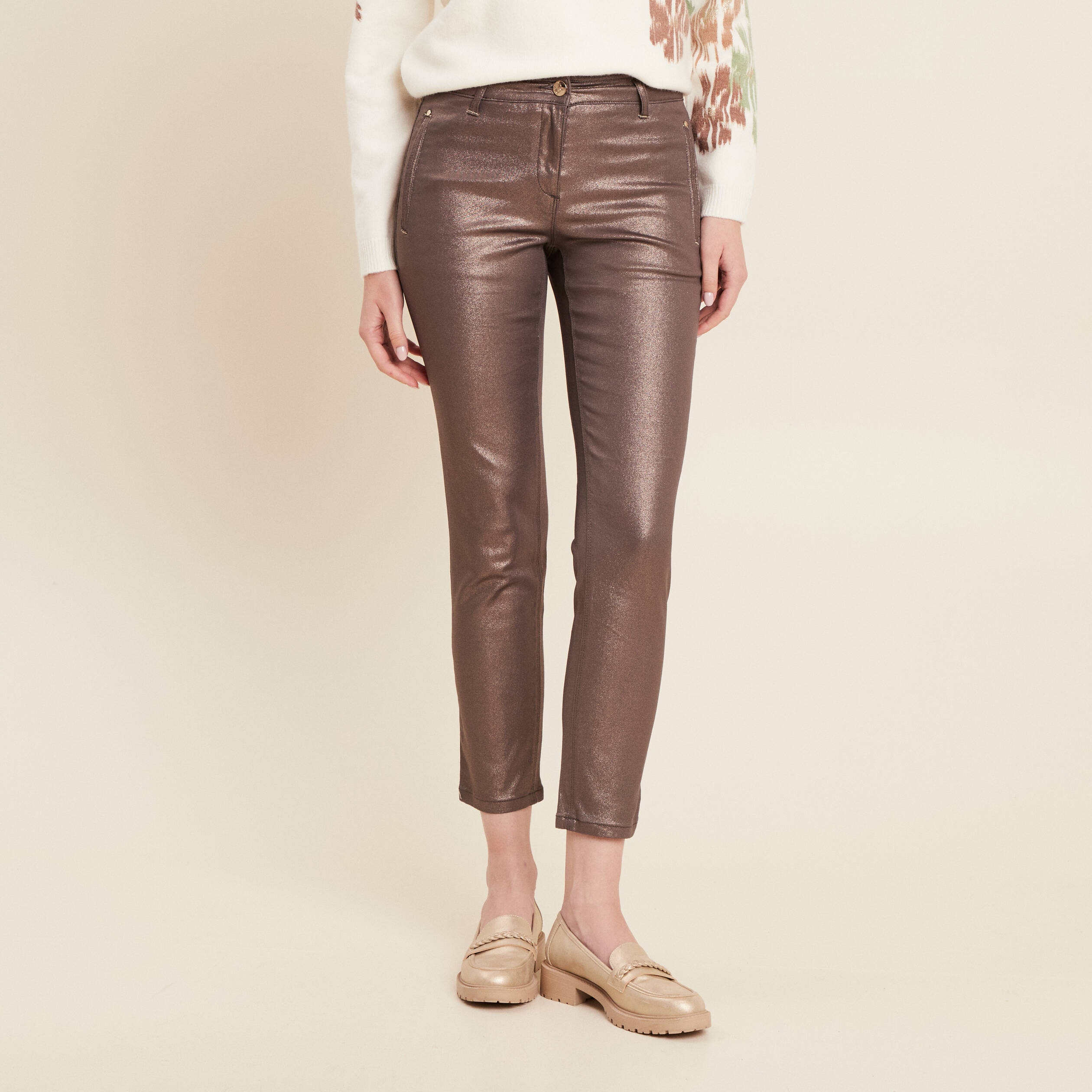 Pantalon ajusté enduit 7/8ème sable femme
