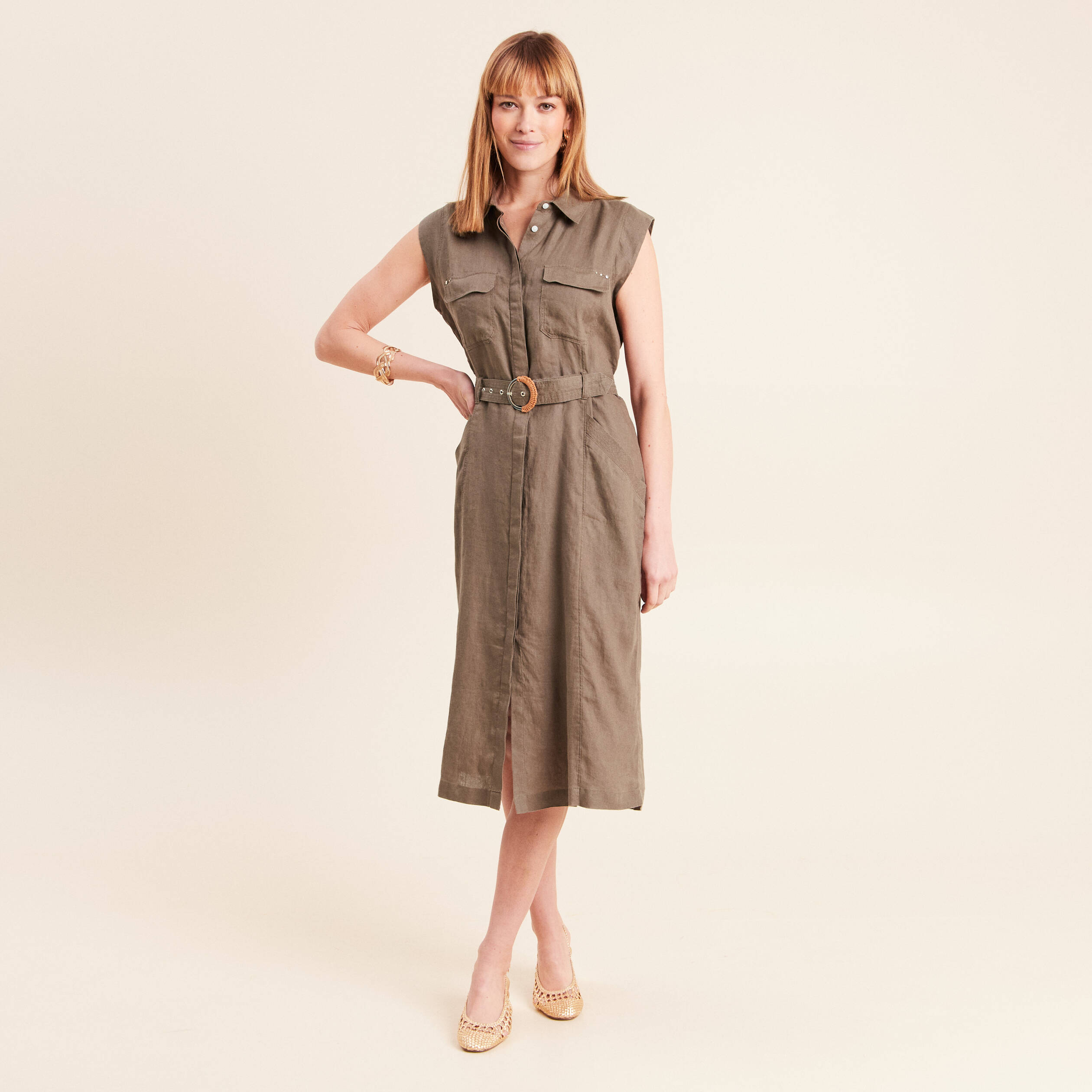 Robe &eacute;vas&eacute;e manches tr&egrave;s courtes vert kaki femme