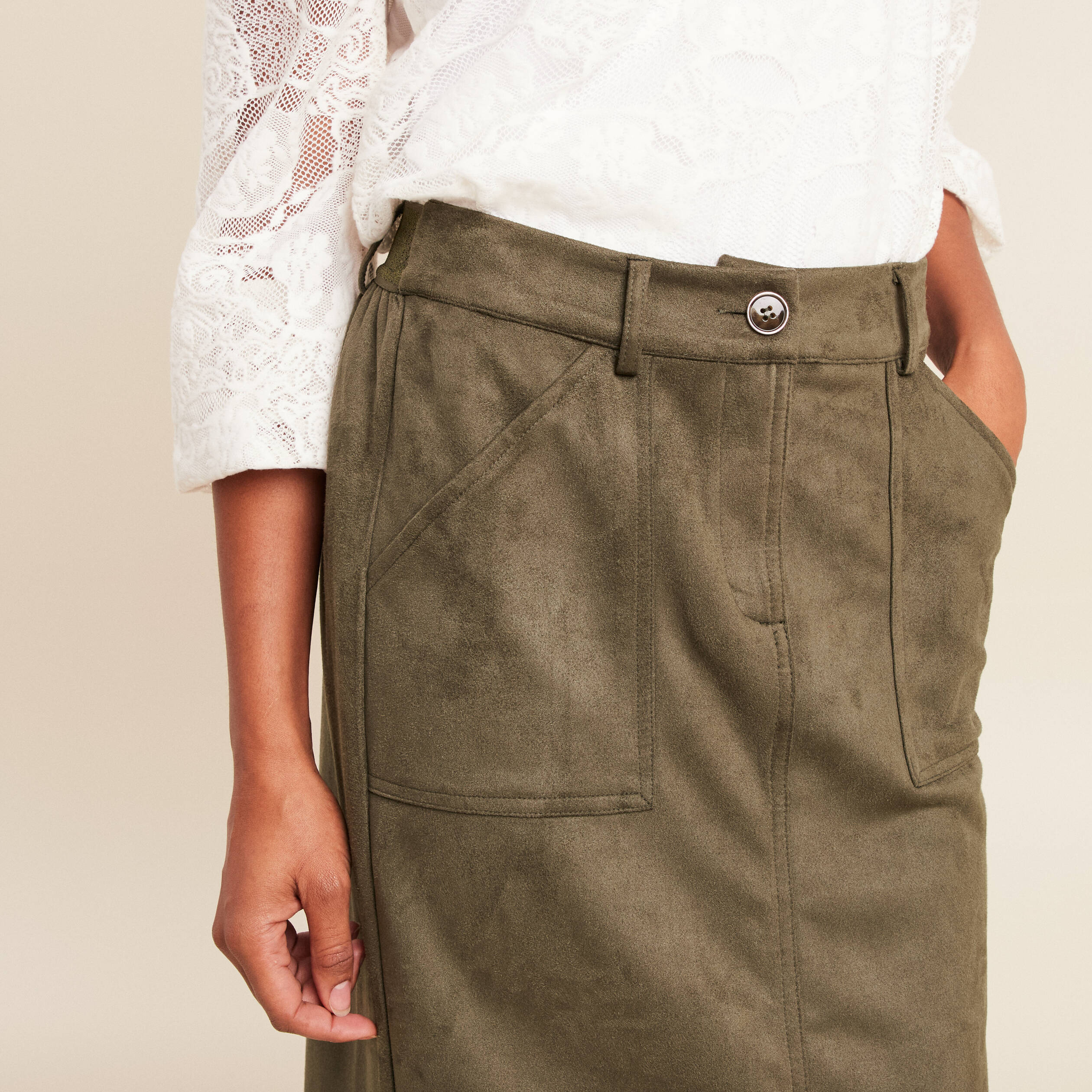 Jupe longue droite su&eacute;dine vert kaki femme