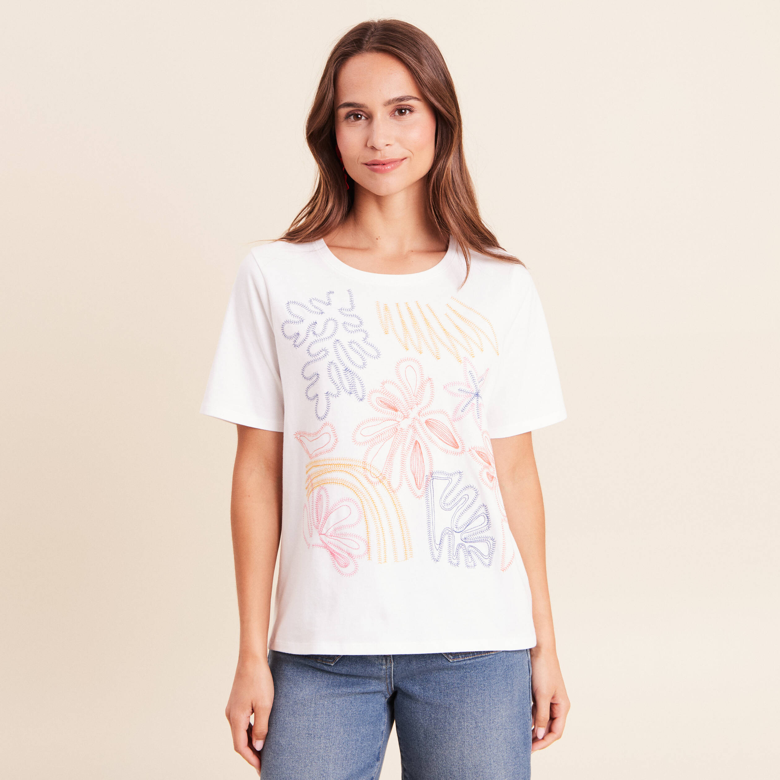 T-shirt col rond manches courtes brod&eacute; blanc femme