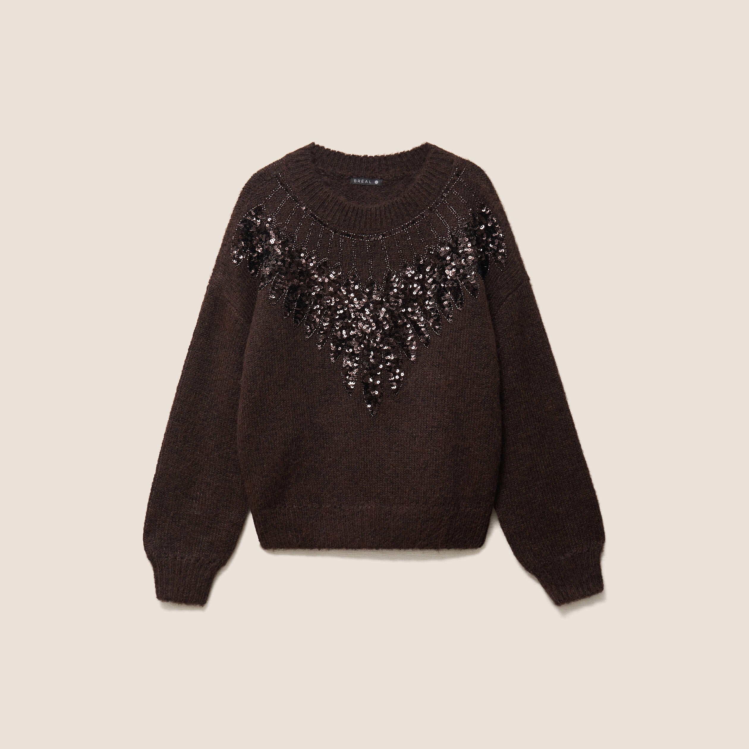 Pull col rond &agrave; sequins marron fonc&eacute; femme