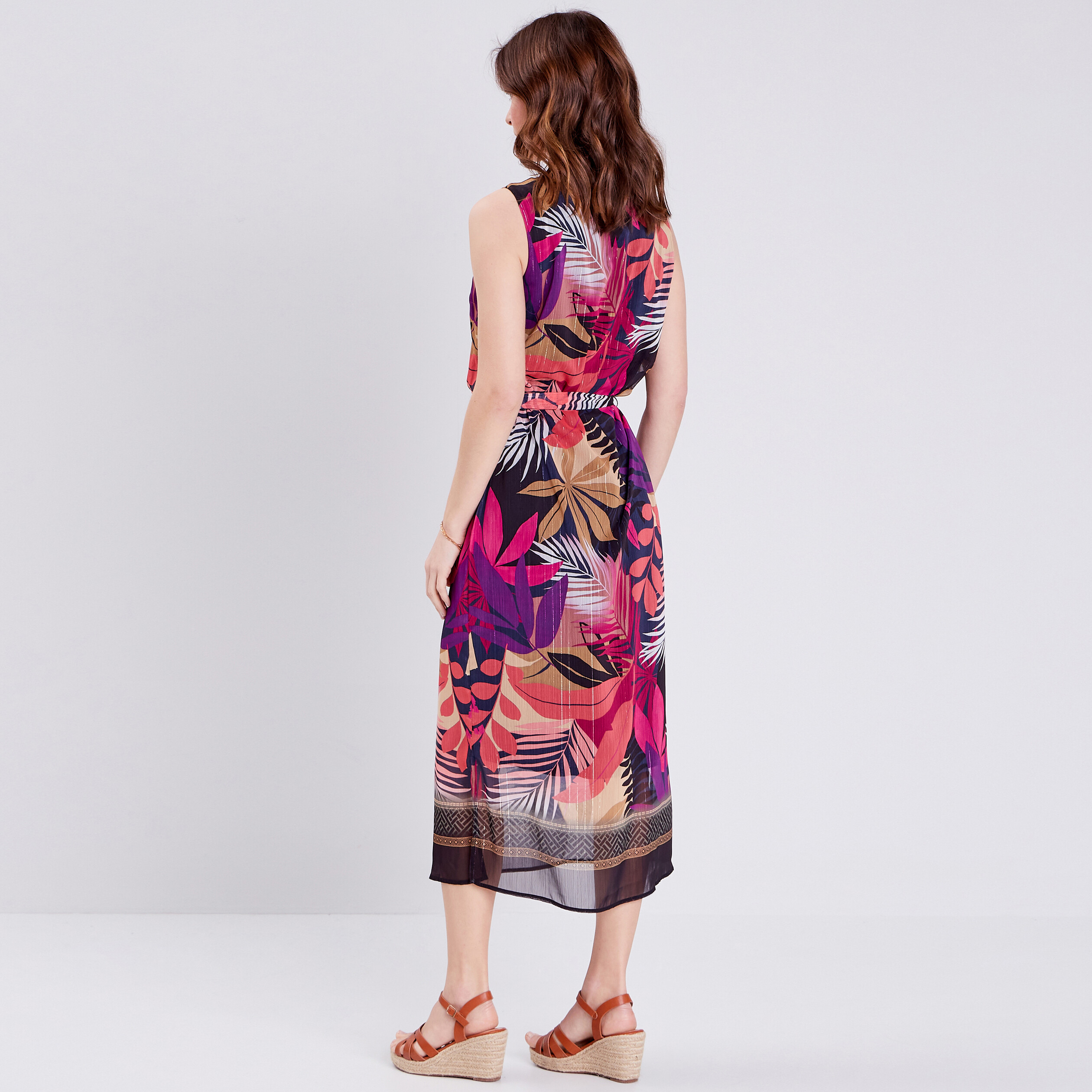Robe longue droite ceinturée rose femme
