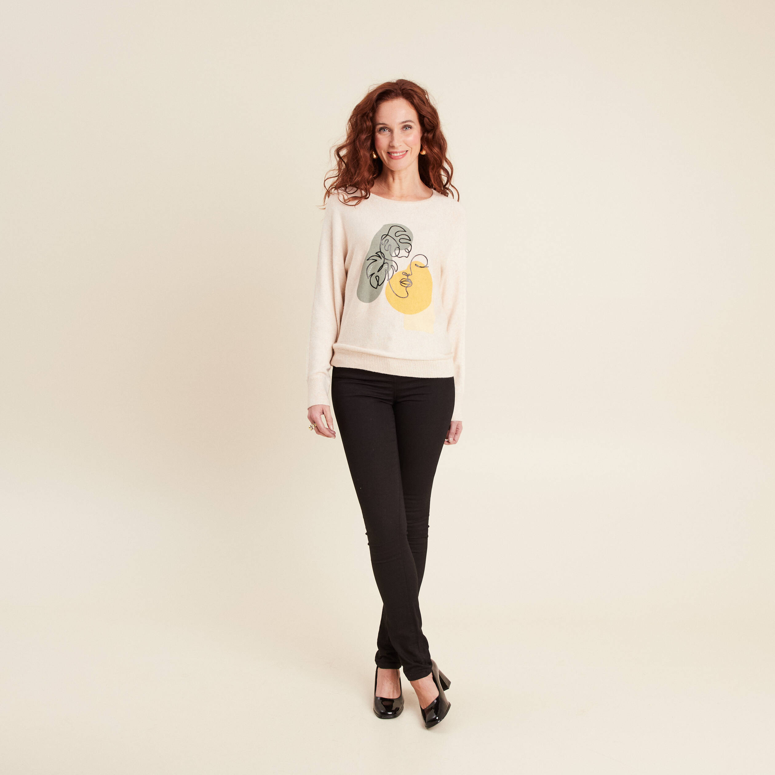 Pull manches longues creme femme