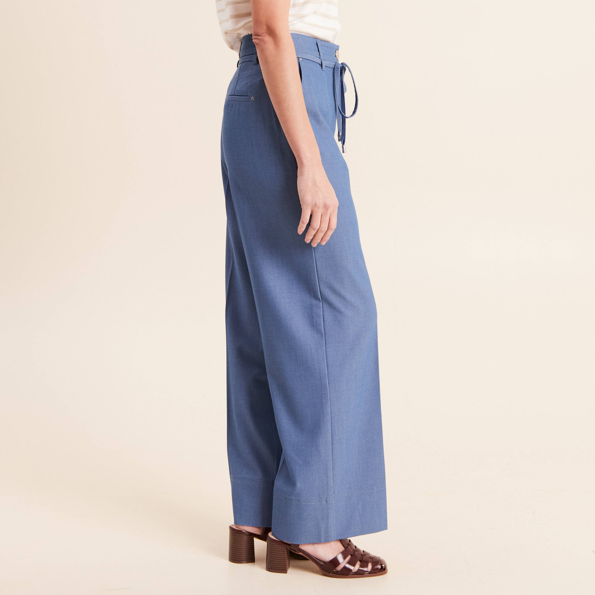 Pantalon coupe large taille haute fluide denim double stone femme