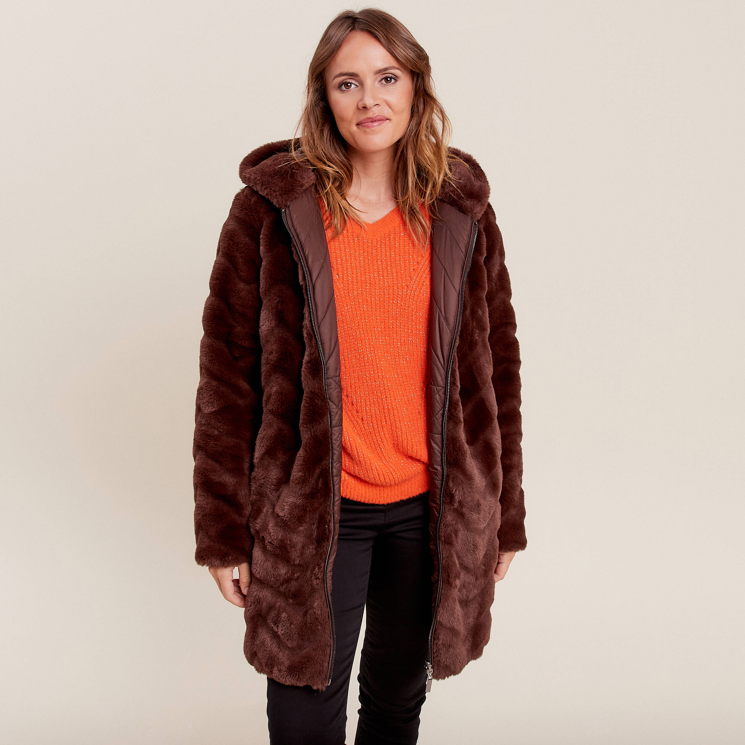 Manteau fausse fourrure réversible marron foncé femme