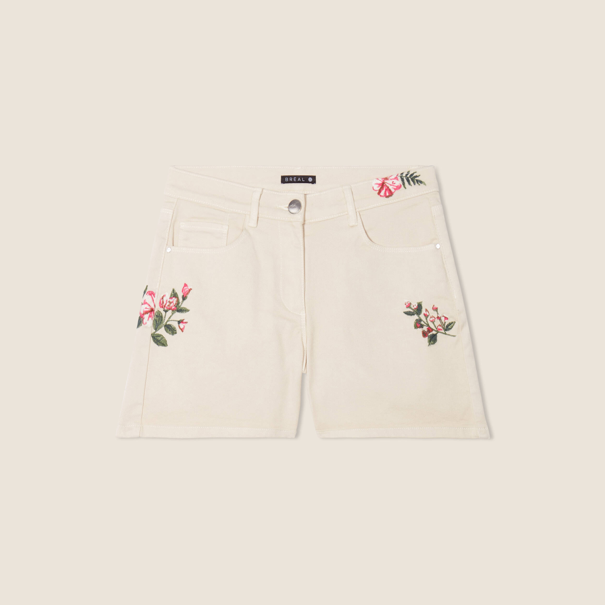 Short brodé beige femme