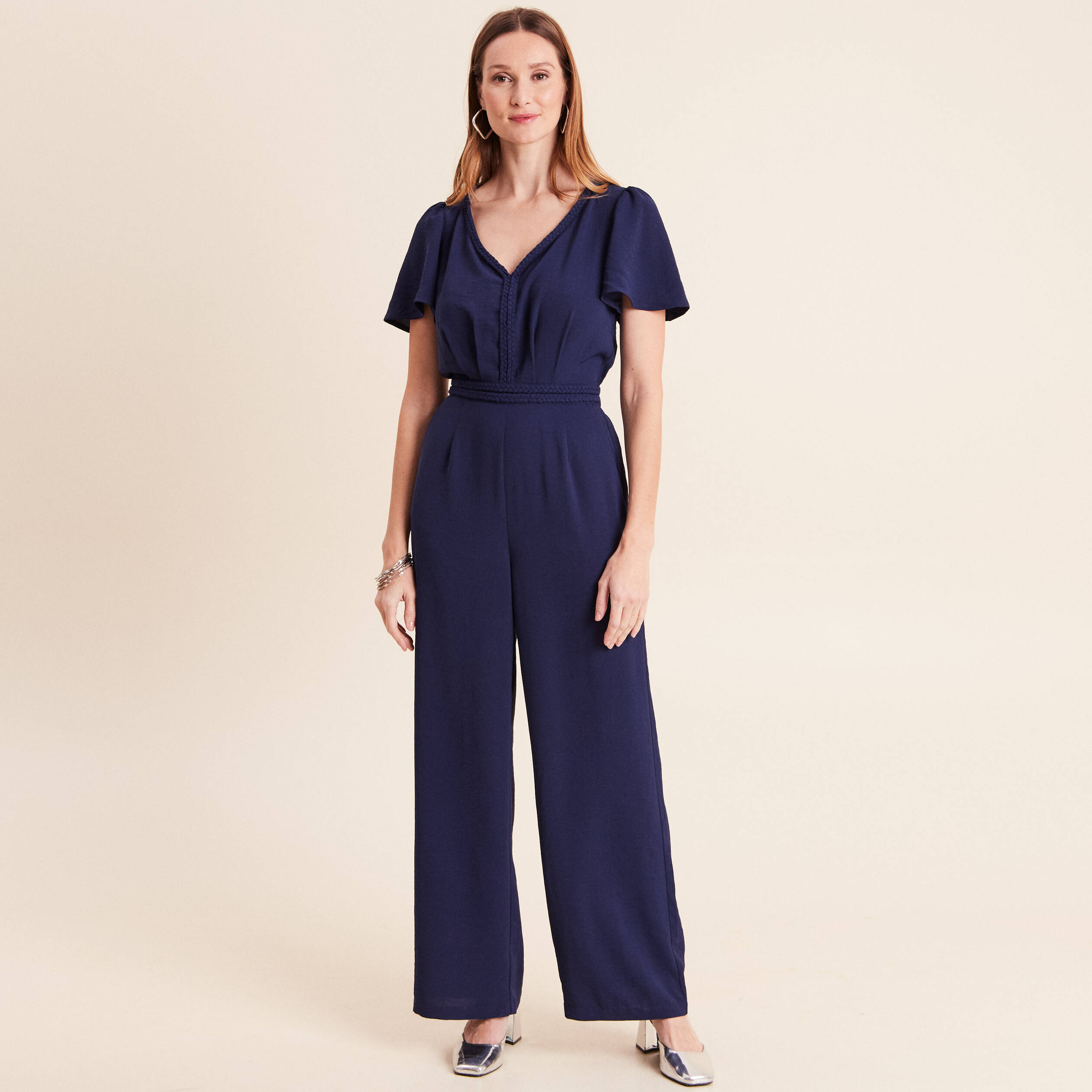 Combinaison large col v manches courtes bleu marine femme