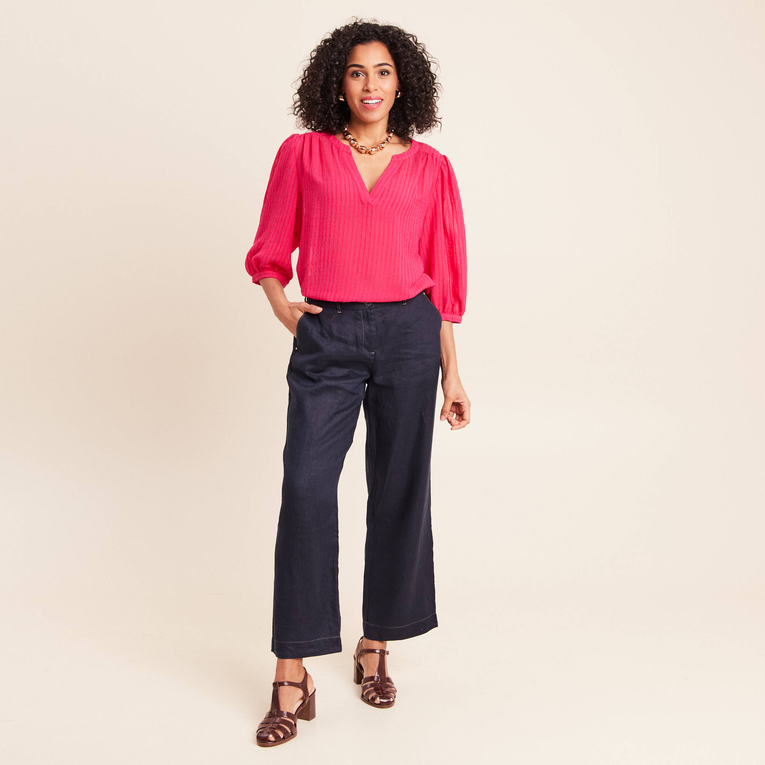 Blouse ample col tunisien manches 3/4 rose fushia femme | Bréal