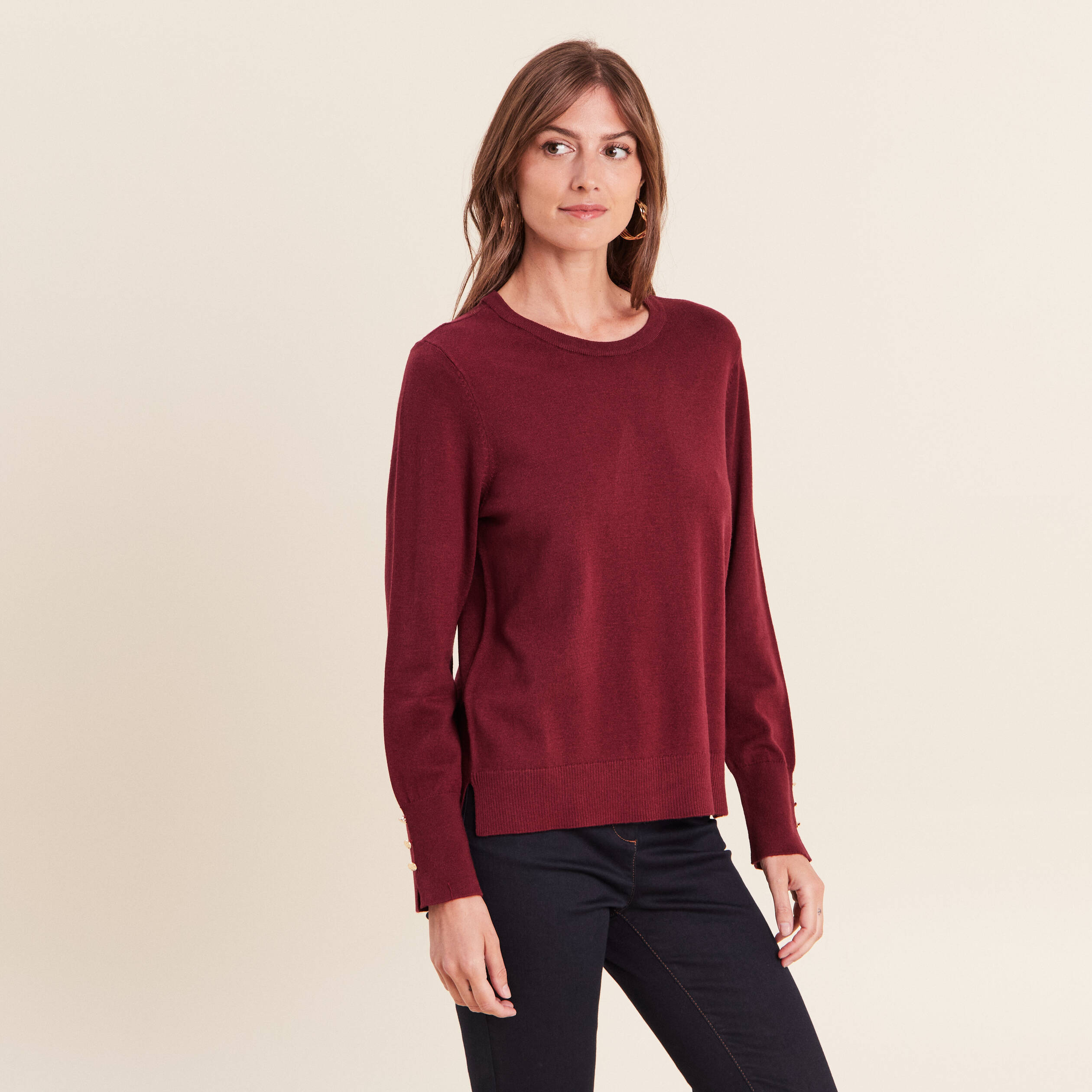 Pull droit col rond manches longues bordeaux femme